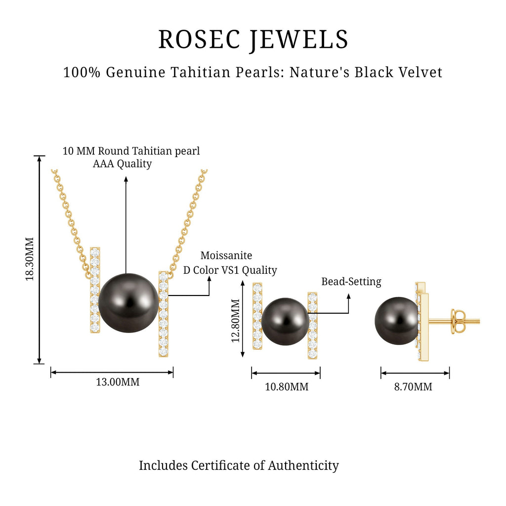 Black Tahitian Pearl Necklace and Earrings Set with Moissanite