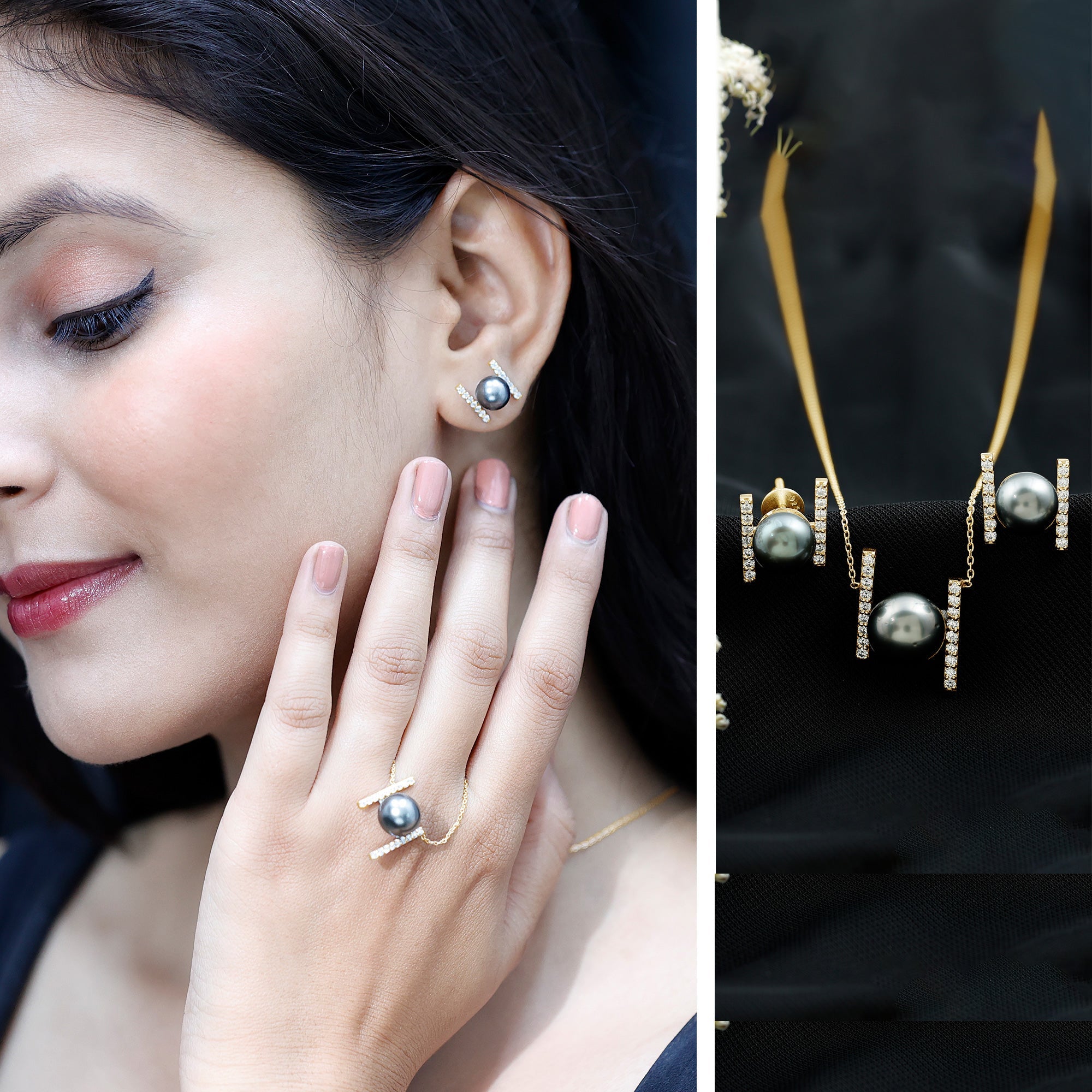 Black Tahitian Pearl Necklace and Earrings Set with Moissanite