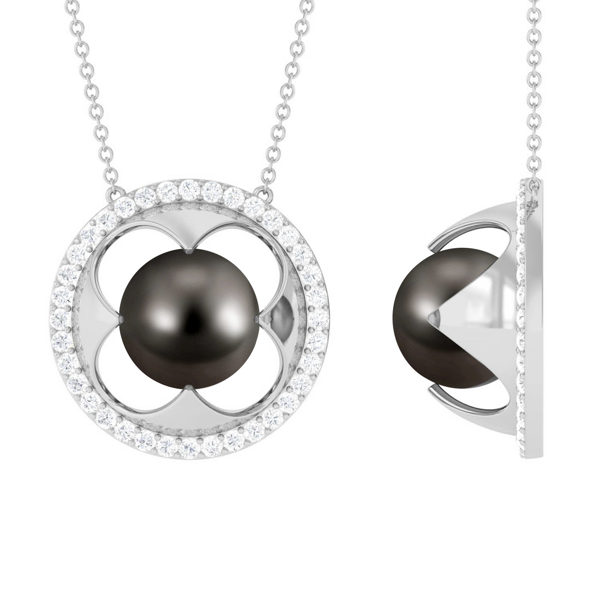 8.50 CT Solitaire Tahitian Pearl and Diamond Flower Necklace