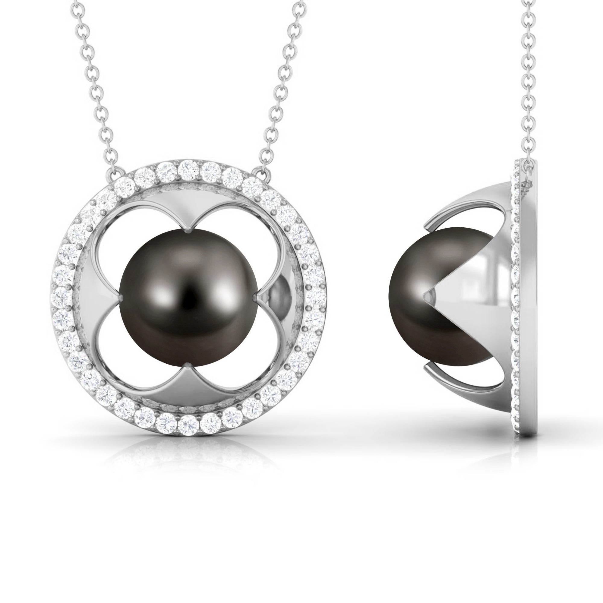 8.50 CT Solitaire Tahitian Pearl and Diamond Flower Necklace