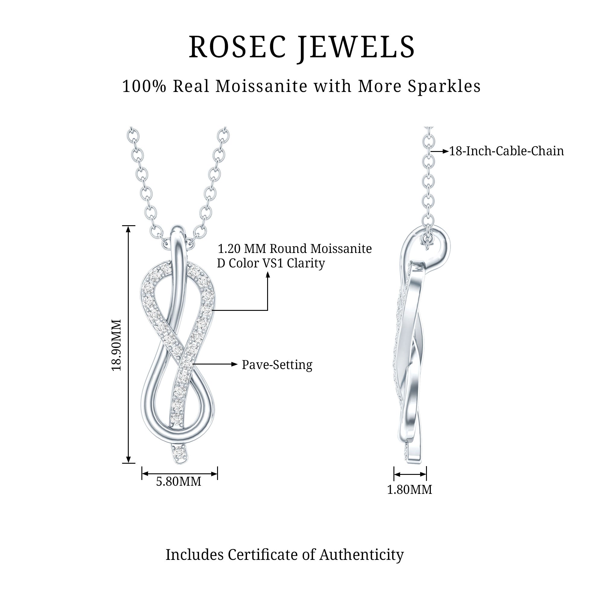 Certified Moissanite Infinity Pendant Necklace with Chain