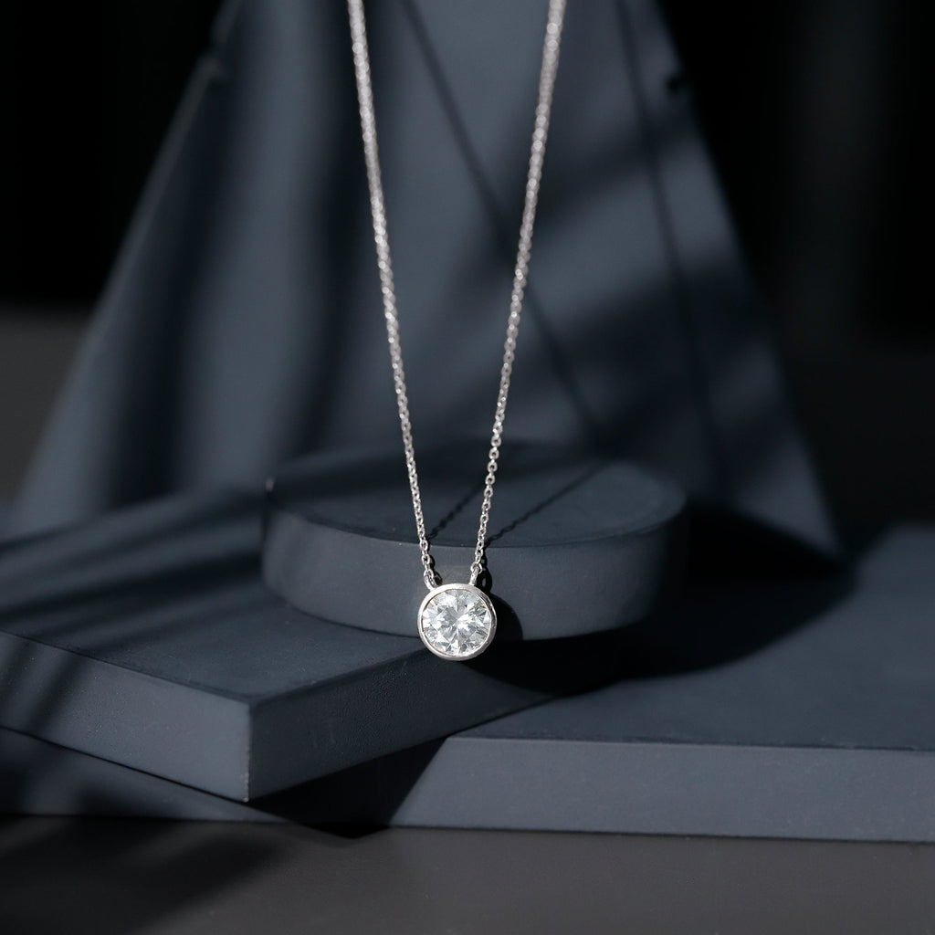 2 CT Certified Moissanite Solitaire Necklace in Bezel Setting