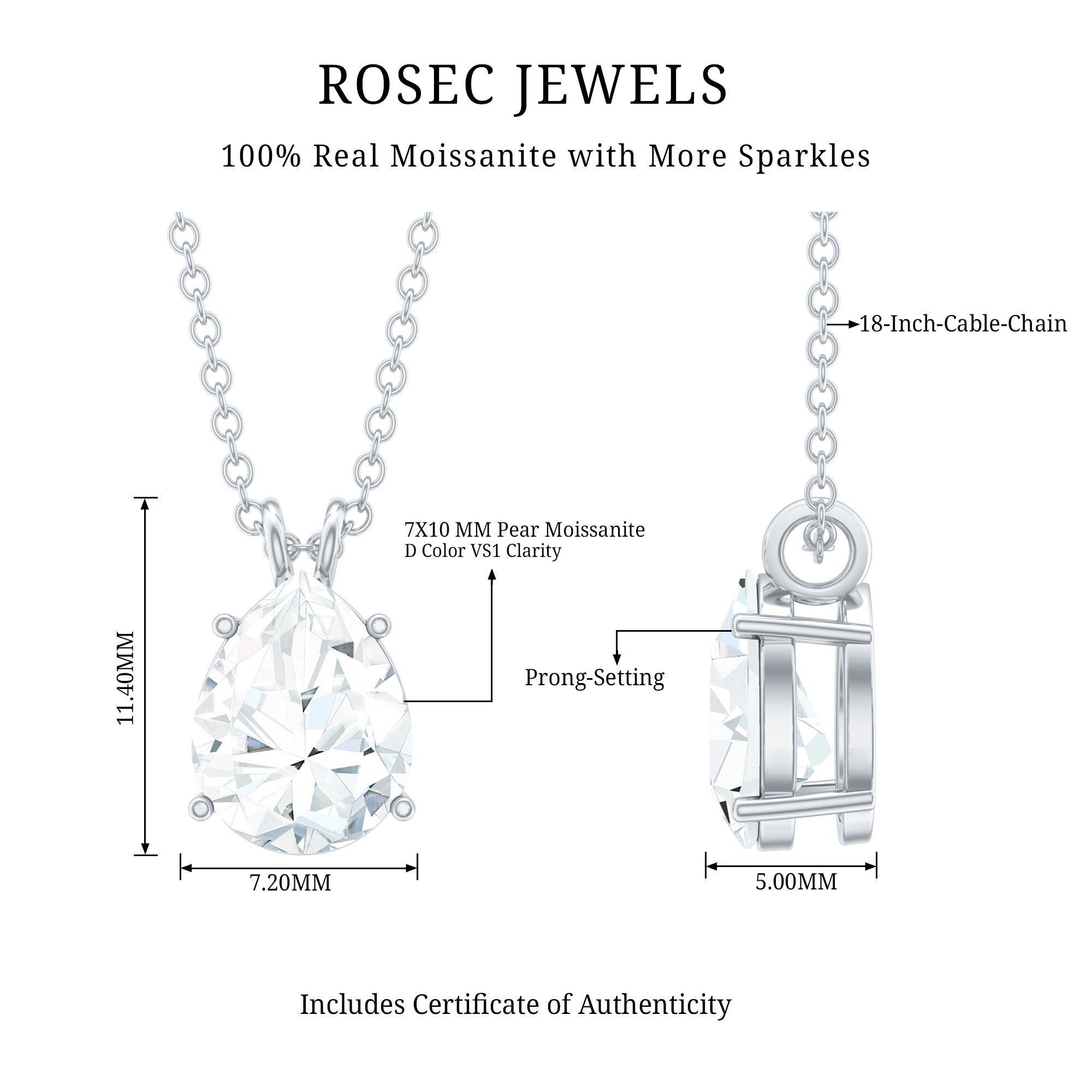 Certified Moissanite Teardrop Solitaire Pendant in Prong Setting
