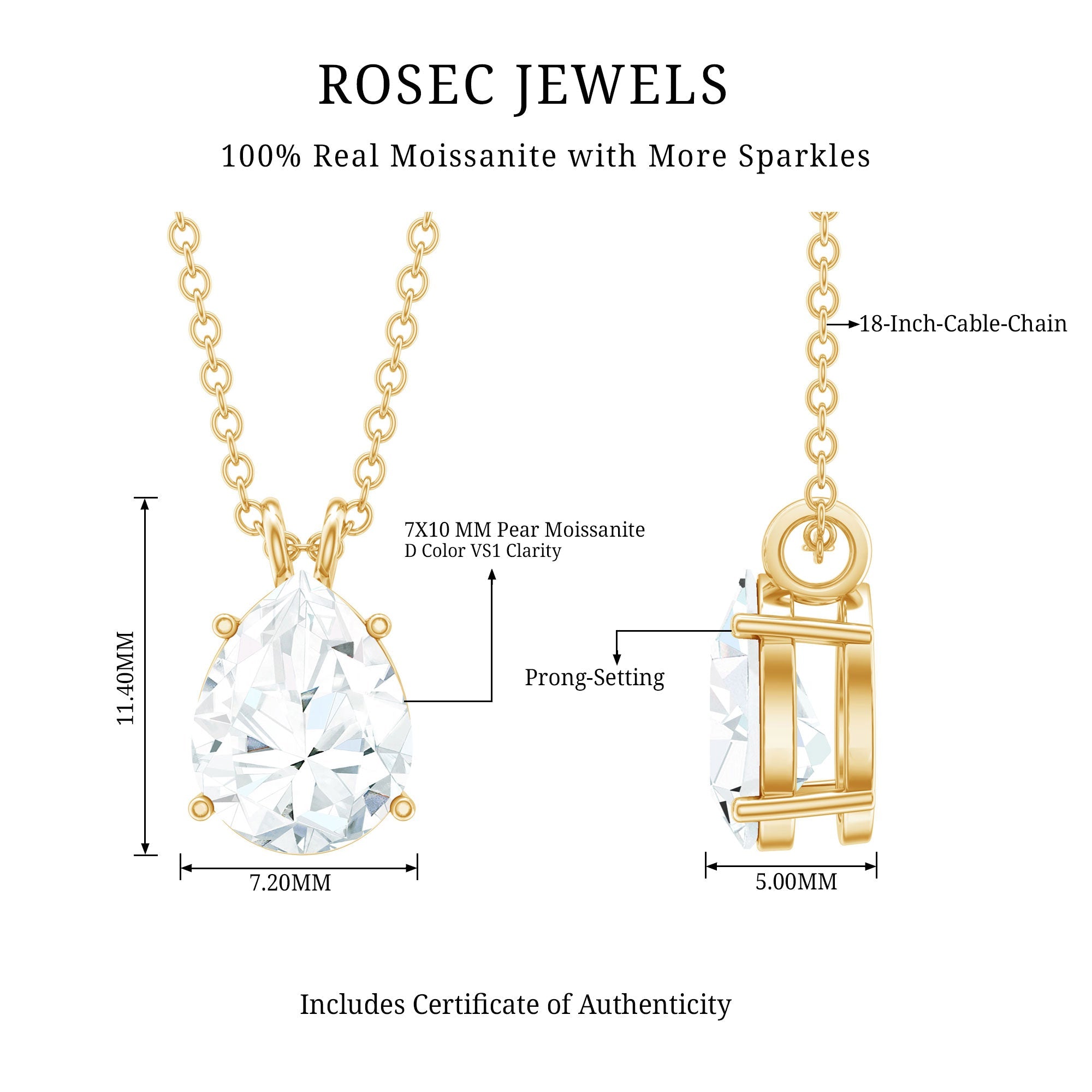 Certified Moissanite Teardrop Solitaire Pendant in Prong Setting