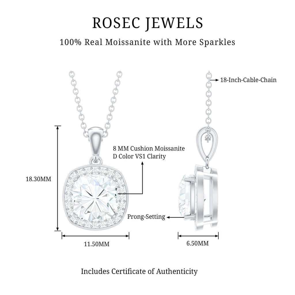 Certified 8 MM Cushion Cut Moissanite Halo Pendant