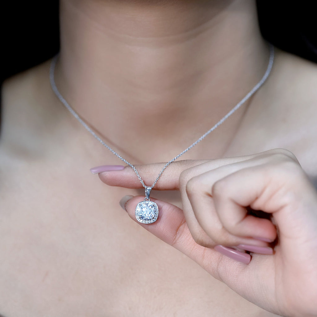 Certified 8 MM Cushion Cut Moissanite Halo Pendant