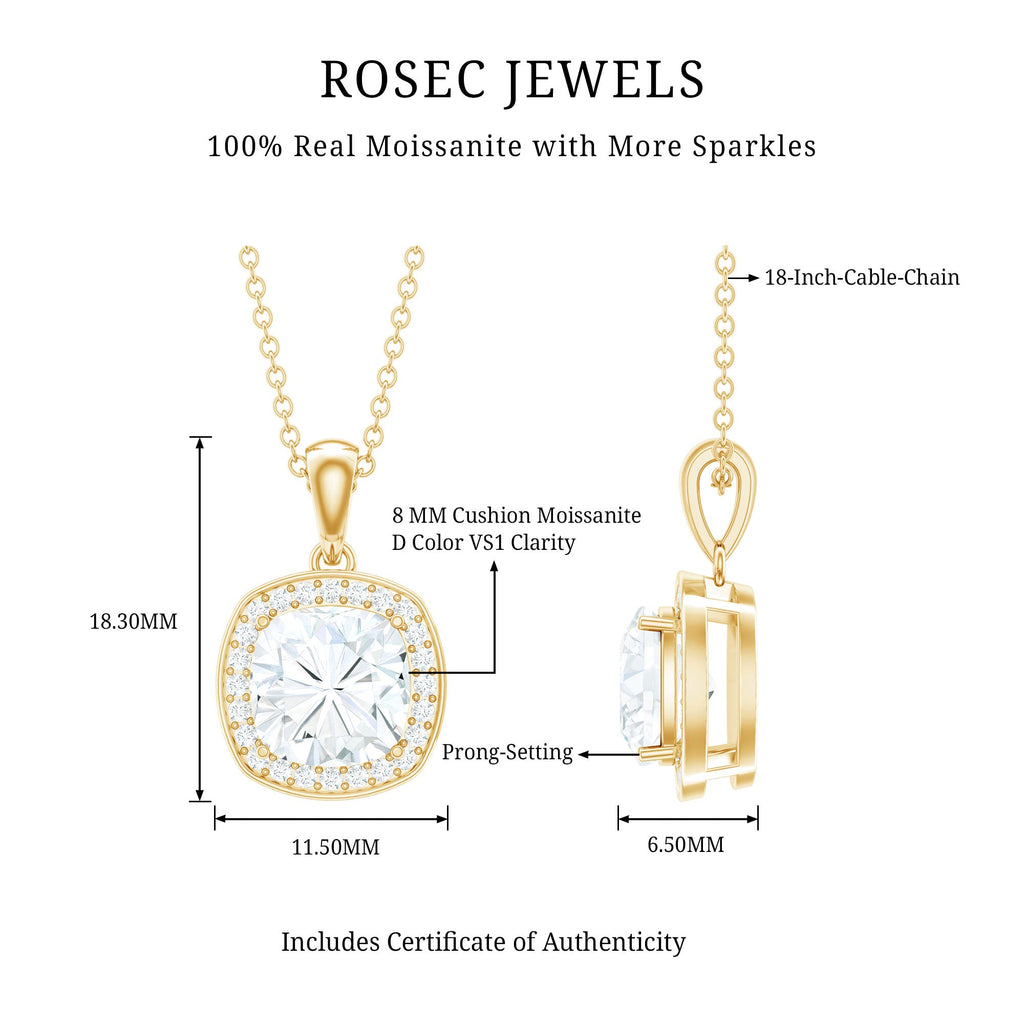 Certified 8 MM Cushion Cut Moissanite Halo Pendant
