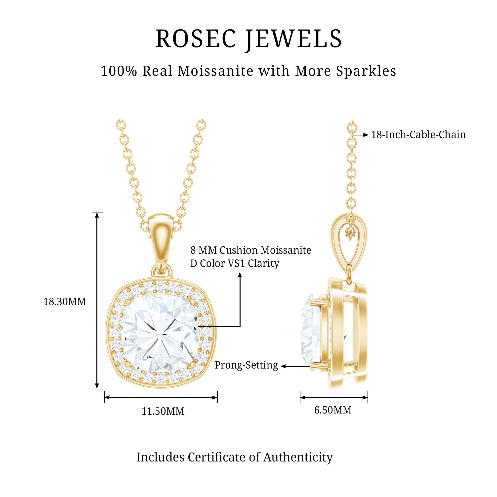 Certified 8 MM Cushion Cut Moissanite Halo Pendant
