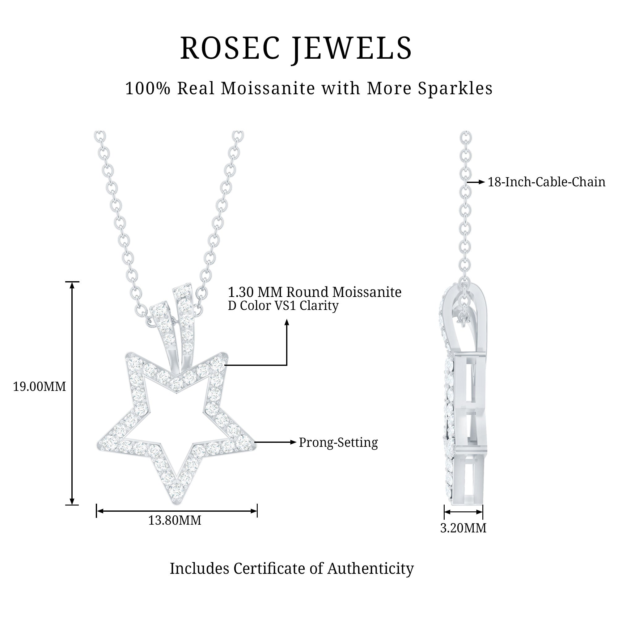 1/2 CT Certified Moissanite Star Shape Gold Pendant