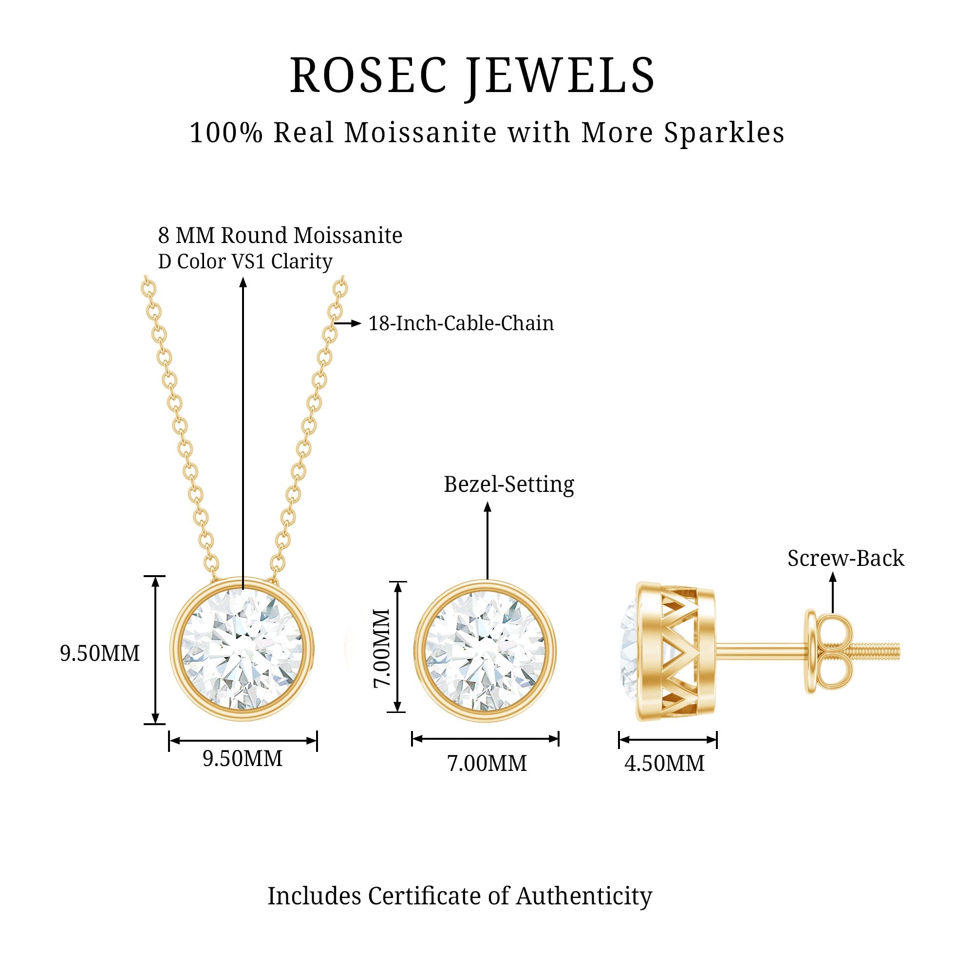 4 CT Simple Moissanite Solitaire Jewelry Set in Bezel Setting