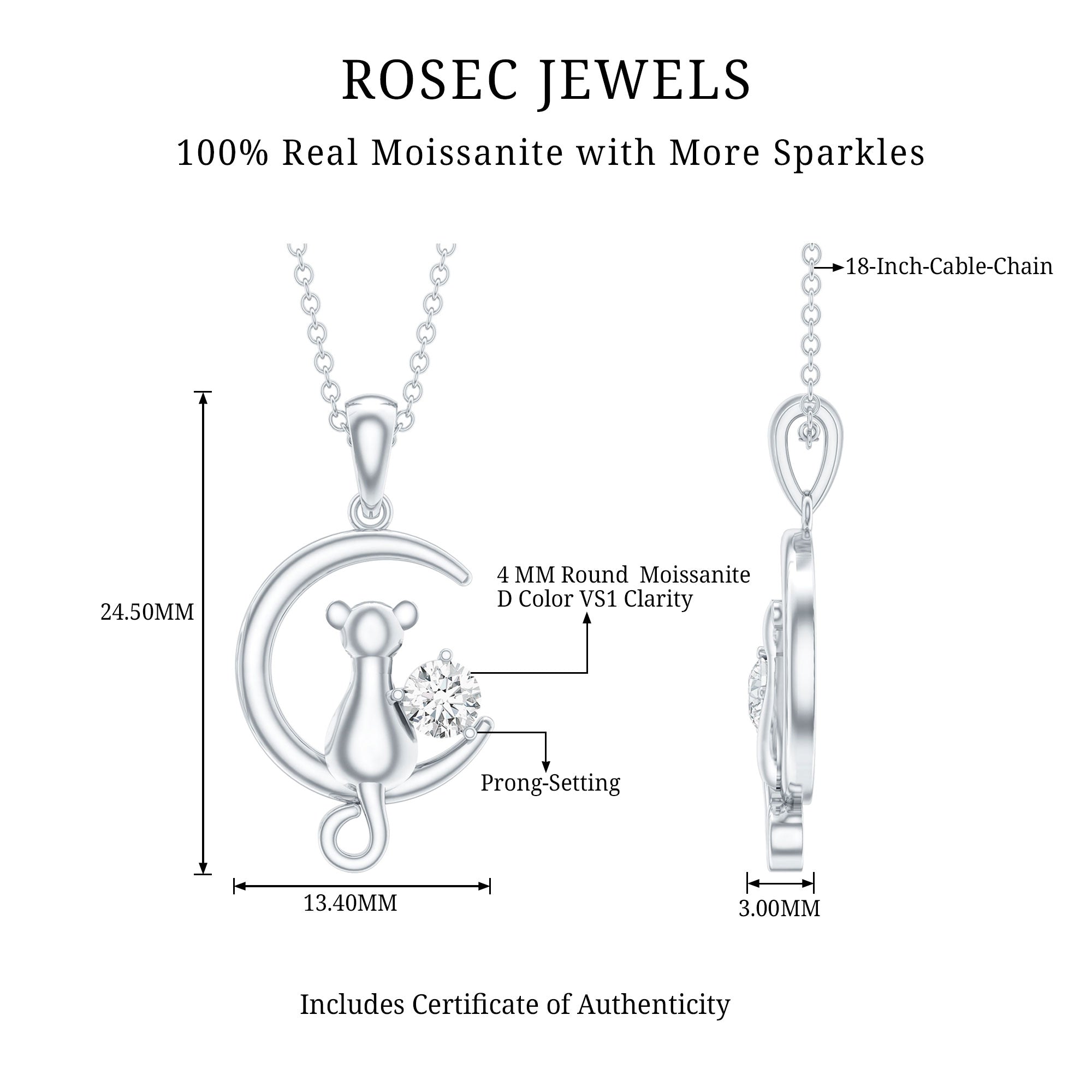 1/4 CT Certified Moissanite Cat On Moon Gold Pendant