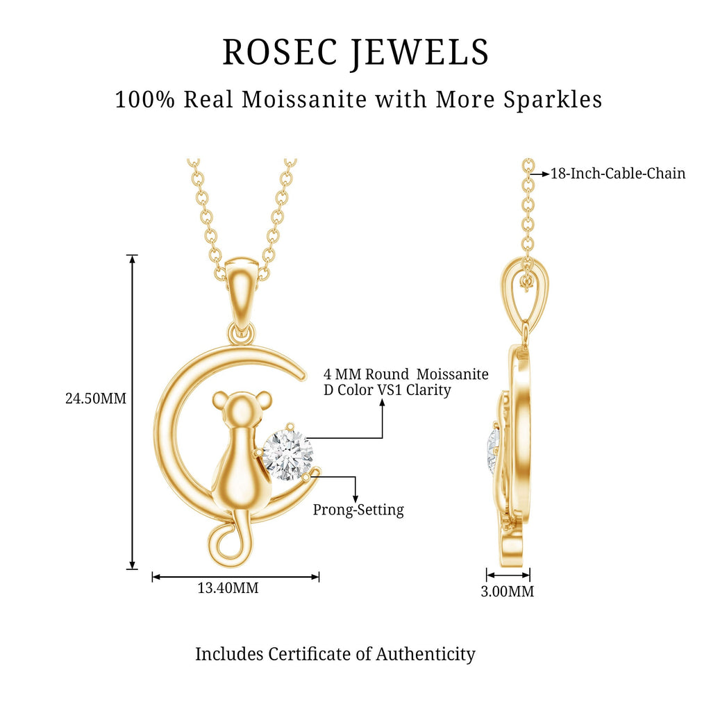1/4 CT Certified Moissanite Cat On Moon Gold Pendant
