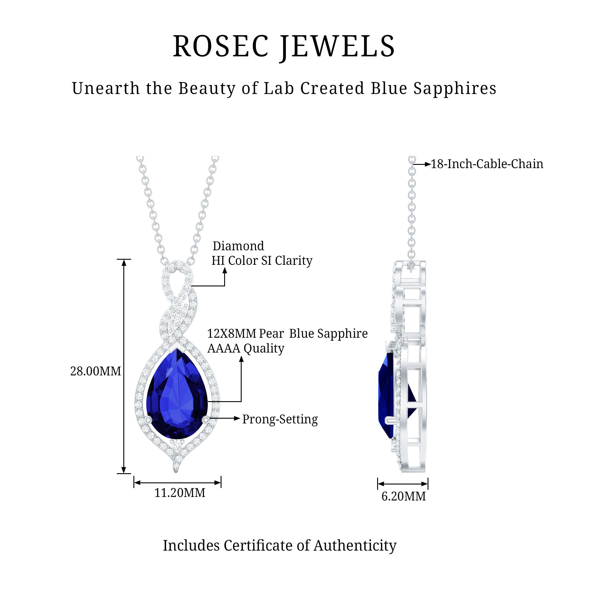 Pear Cut Created Blue Sapphire and Diamond Teardrop Pendant