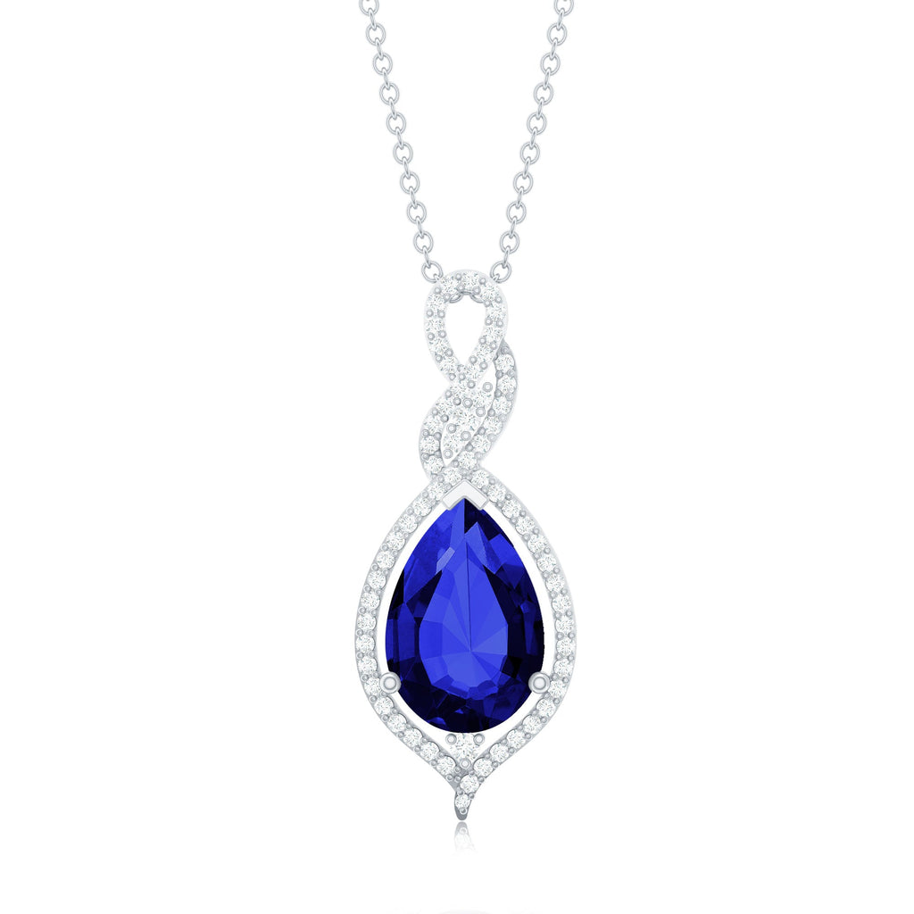 Pear Cut Created Blue Sapphire and Diamond Teardrop Pendant