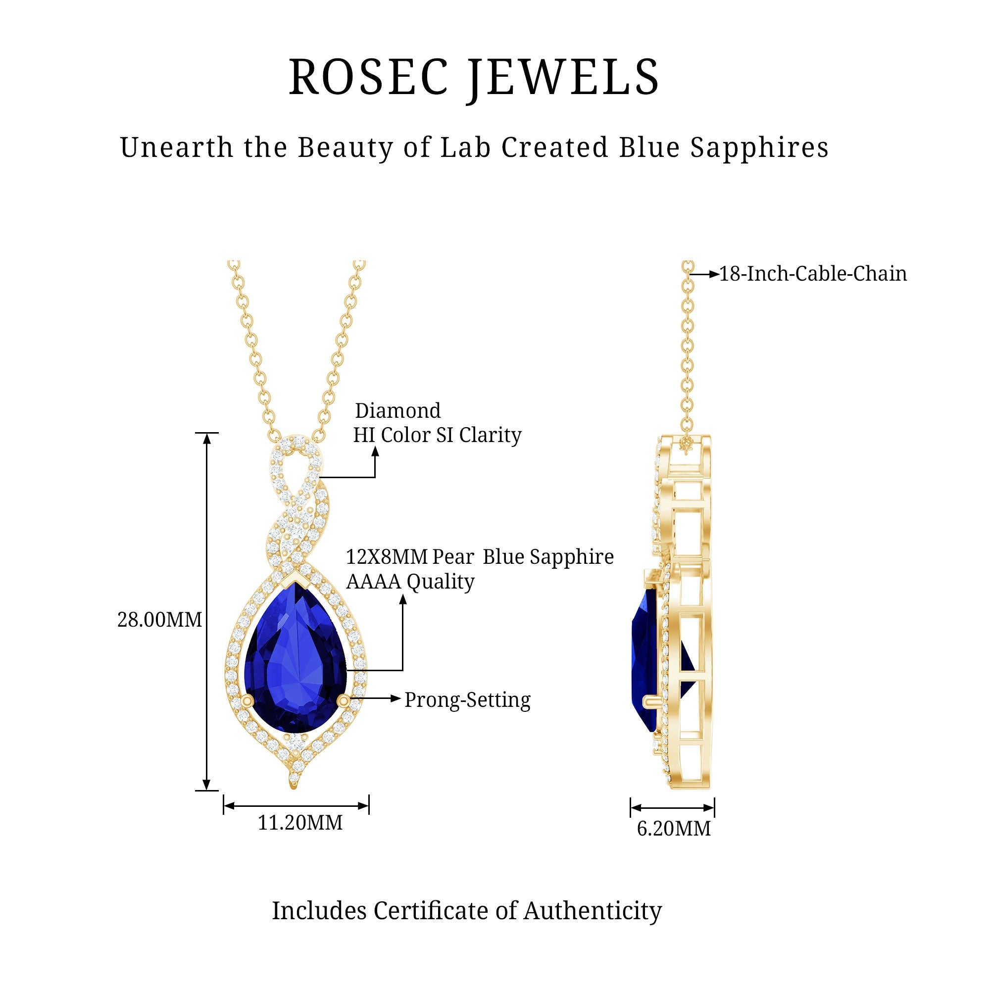 Pear Cut Created Blue Sapphire and Diamond Teardrop Pendant
