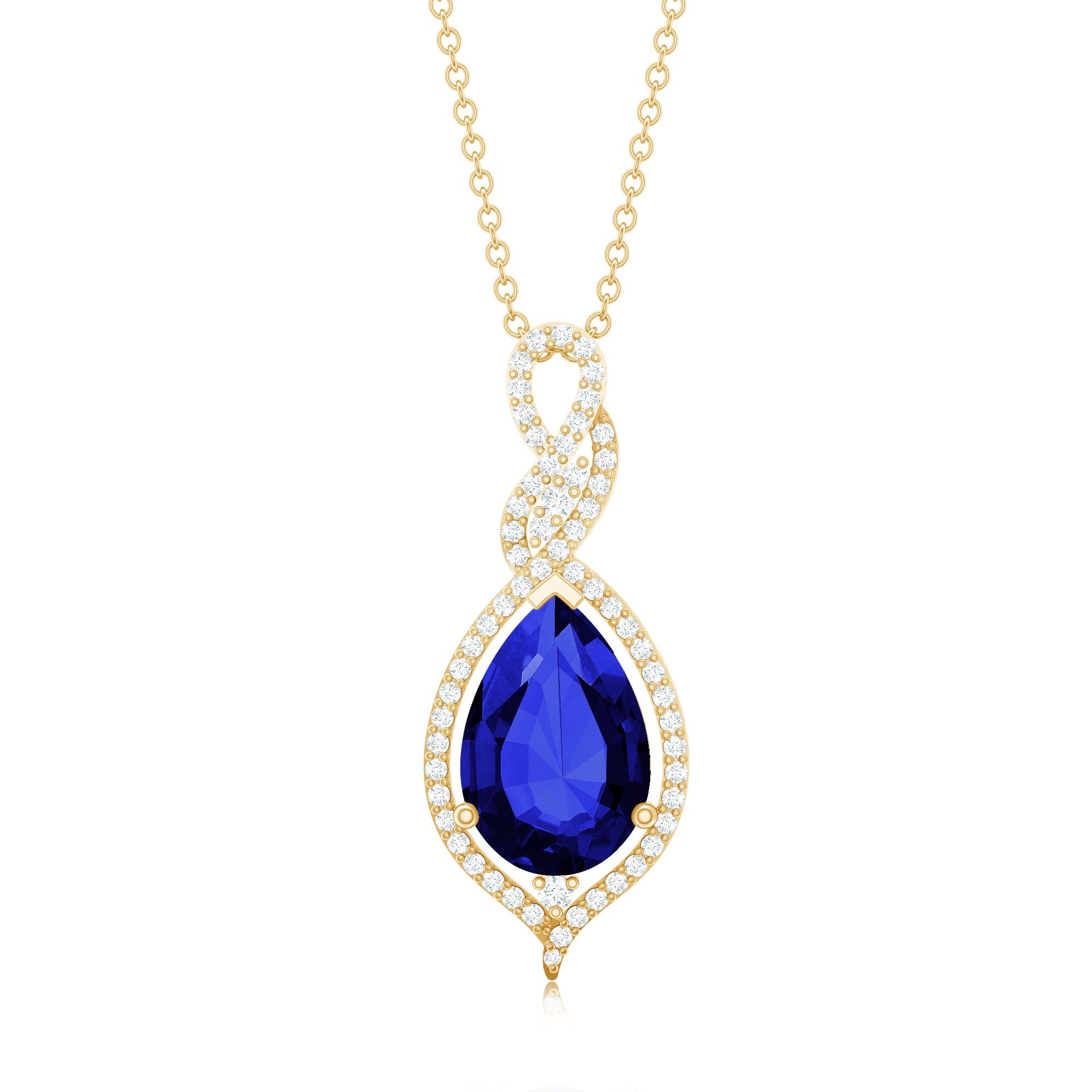 Pear Cut Created Blue Sapphire and Diamond Teardrop Pendant