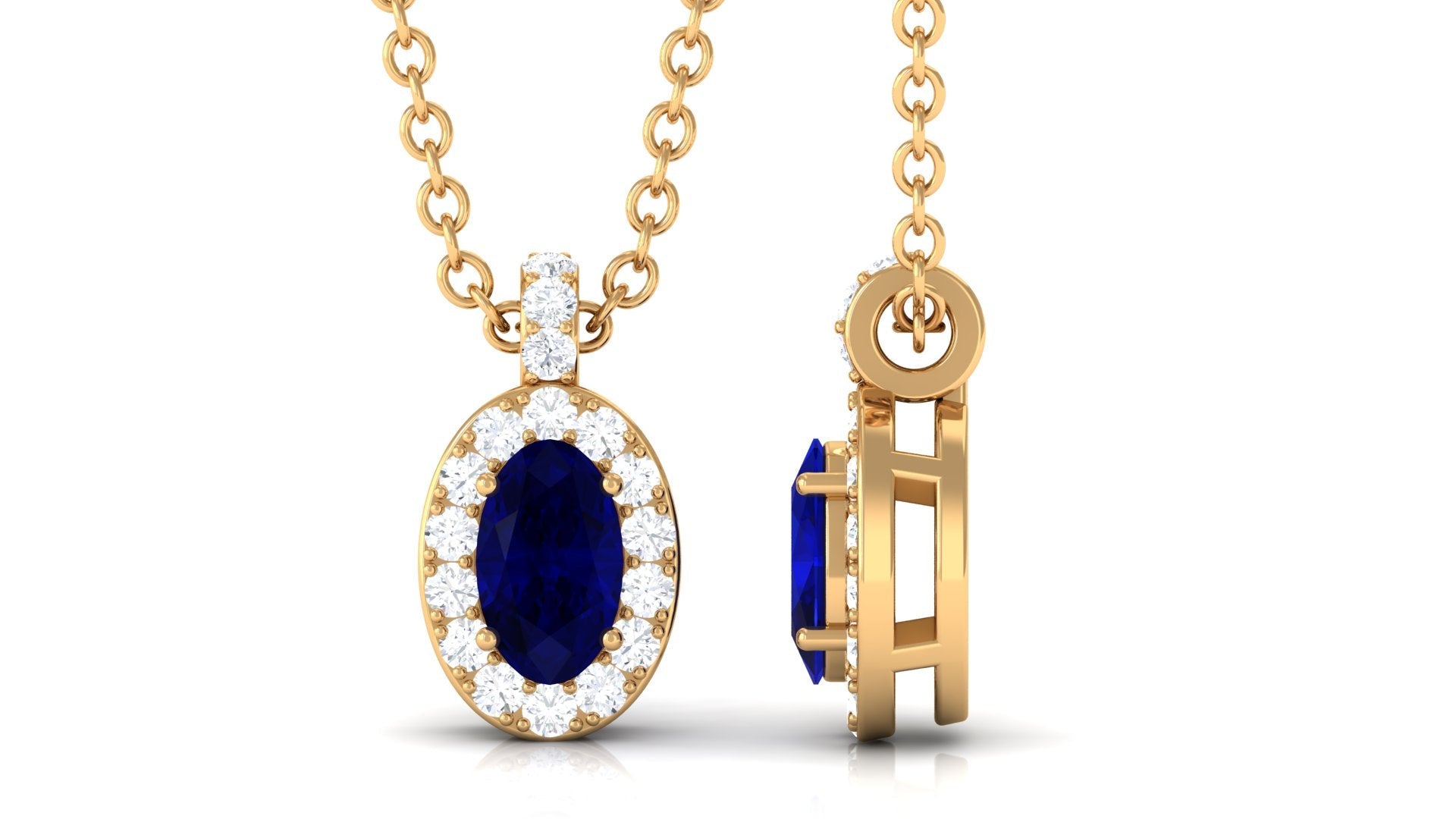 Natural 0.6 Carat Oval Blue Sapphire Pendant Necklace with Diamond Halo