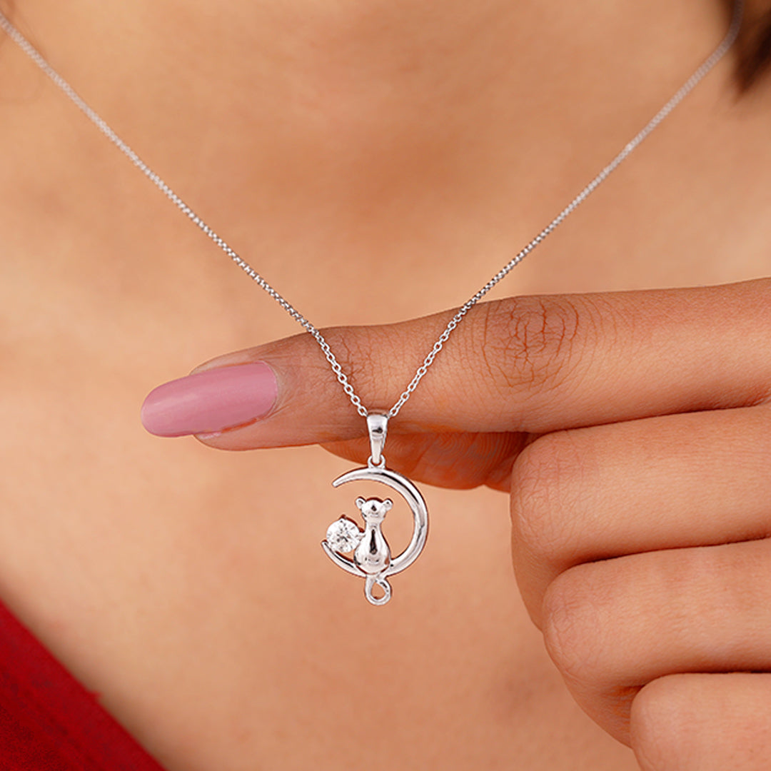 Certified Diamond Cat on Moon Necklace