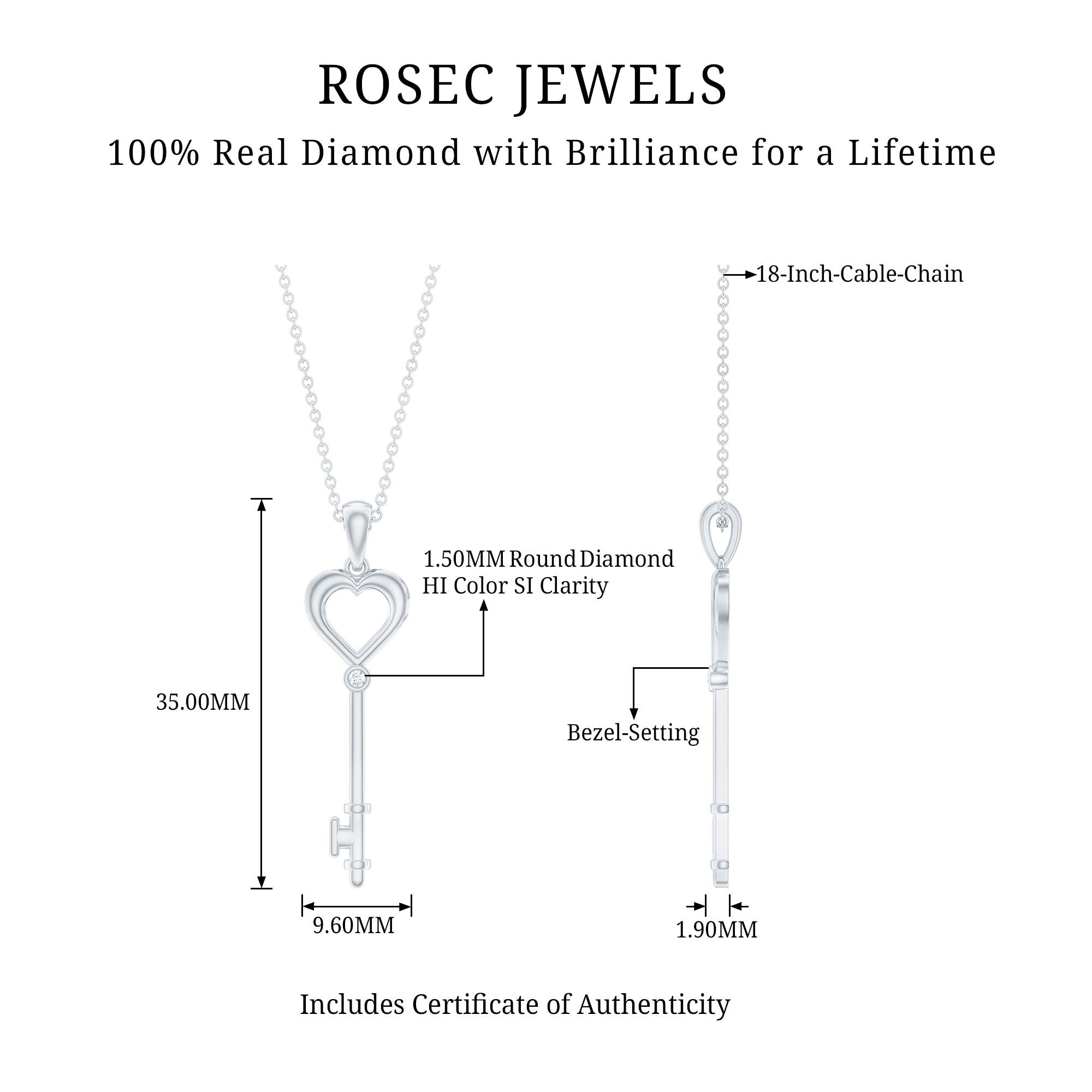 Diamond Heart Key Pendant Necklace For Women