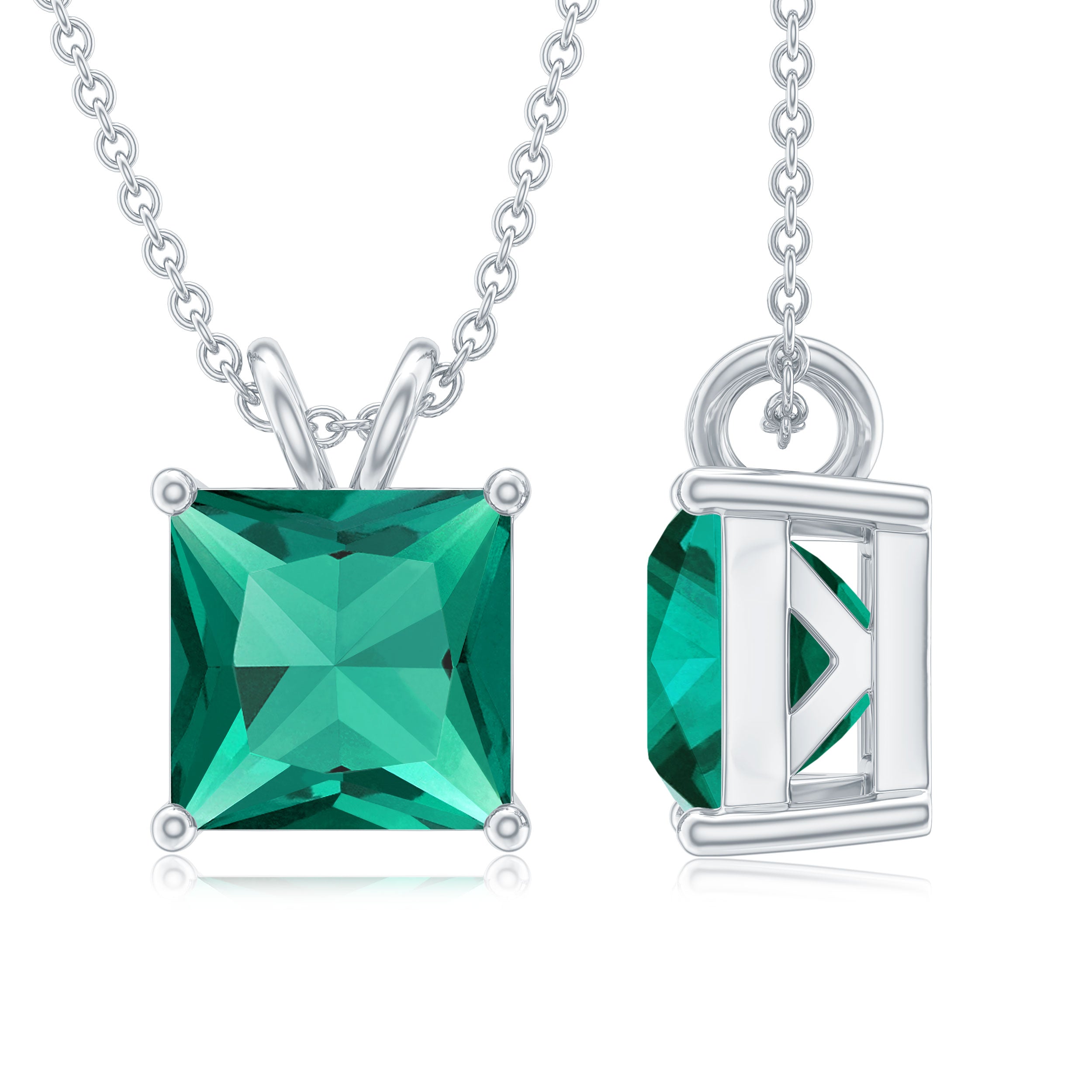Certified Square Cut Lab Grown Emerald Solitaire Necklace With Chain