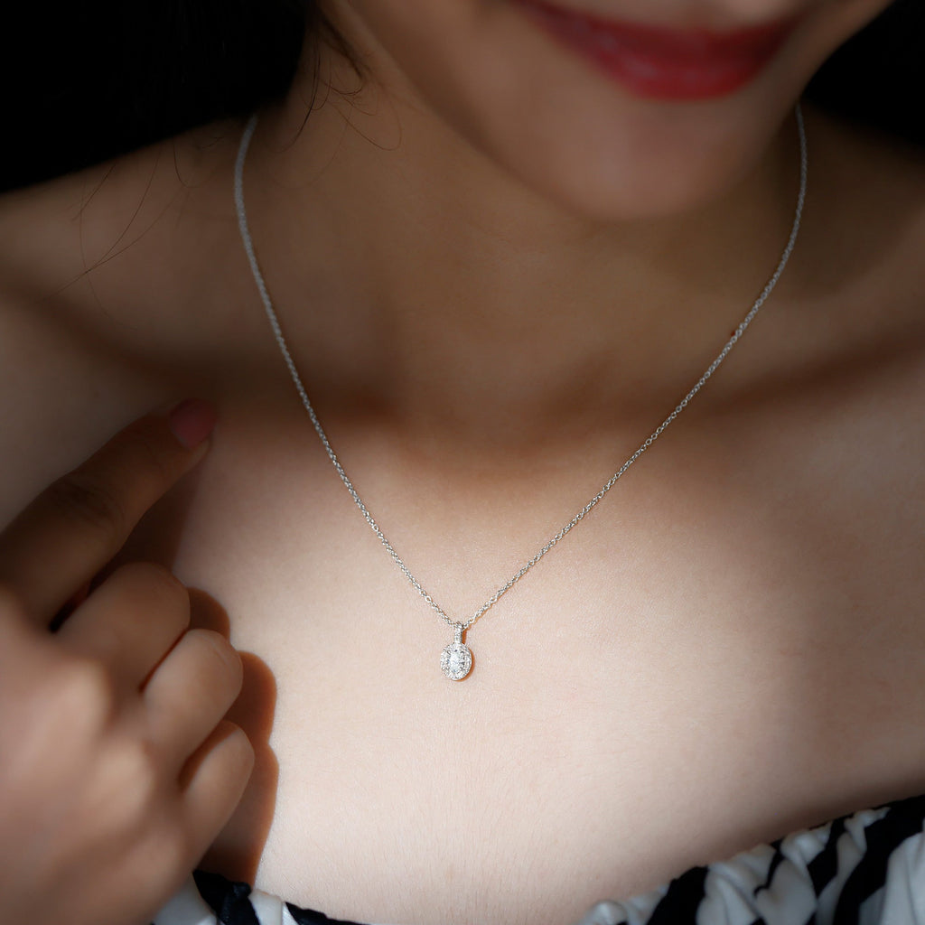 Oval Shaped Real Diamond Pendant Necklace With Chain