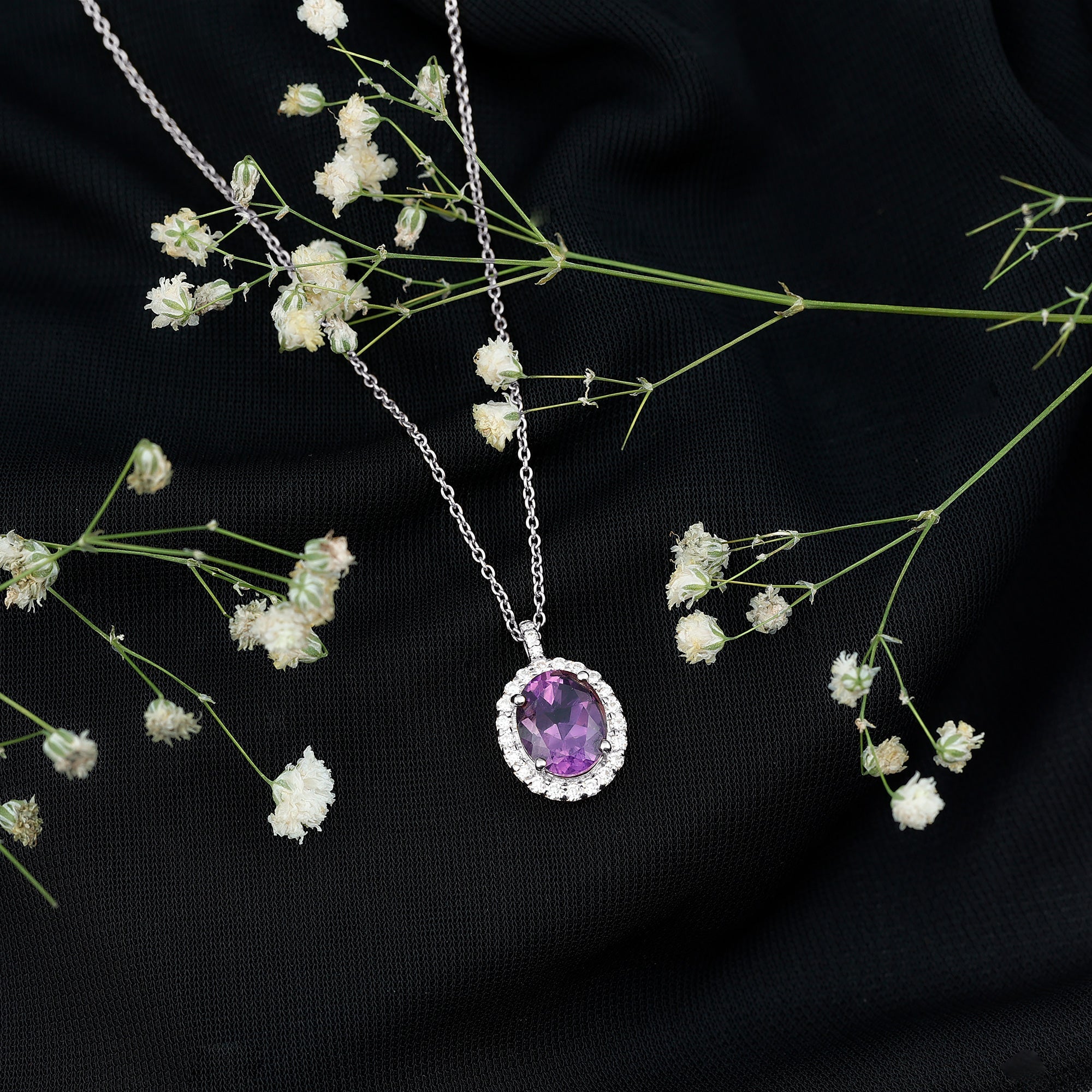 Certified 8X10MM Amethyst Oval Necklace with Moissanite Halo