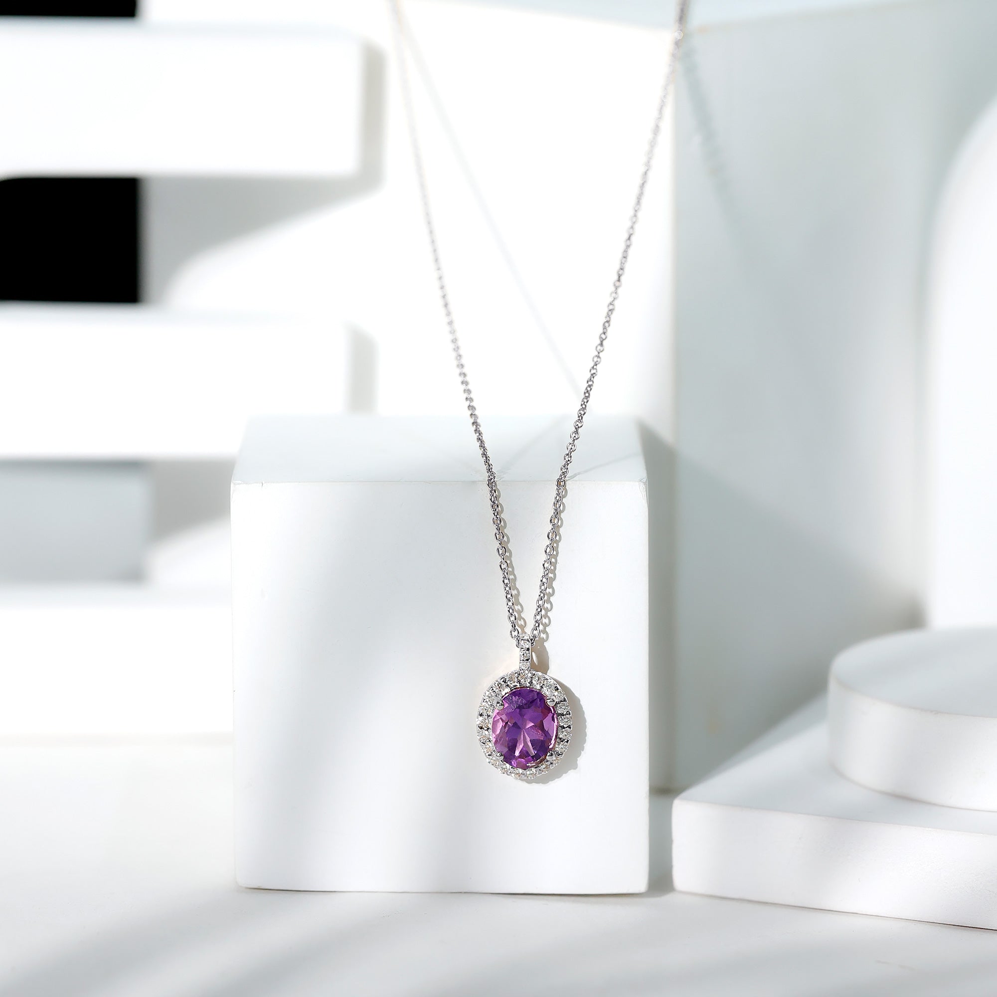 Certified 8X10MM Amethyst Oval Necklace with Moissanite Halo