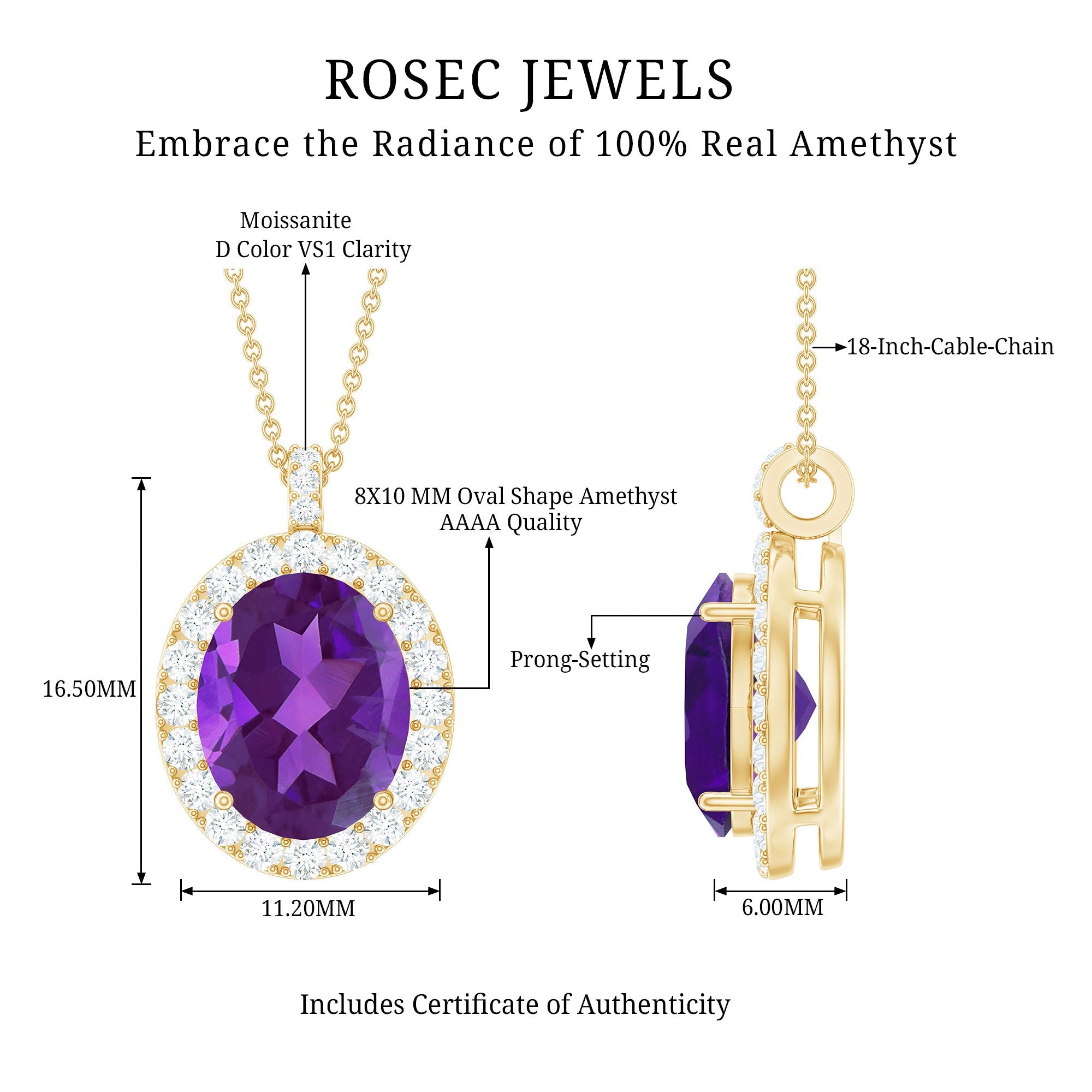 Certified 8X10MM Amethyst Oval Necklace with Moissanite Halo