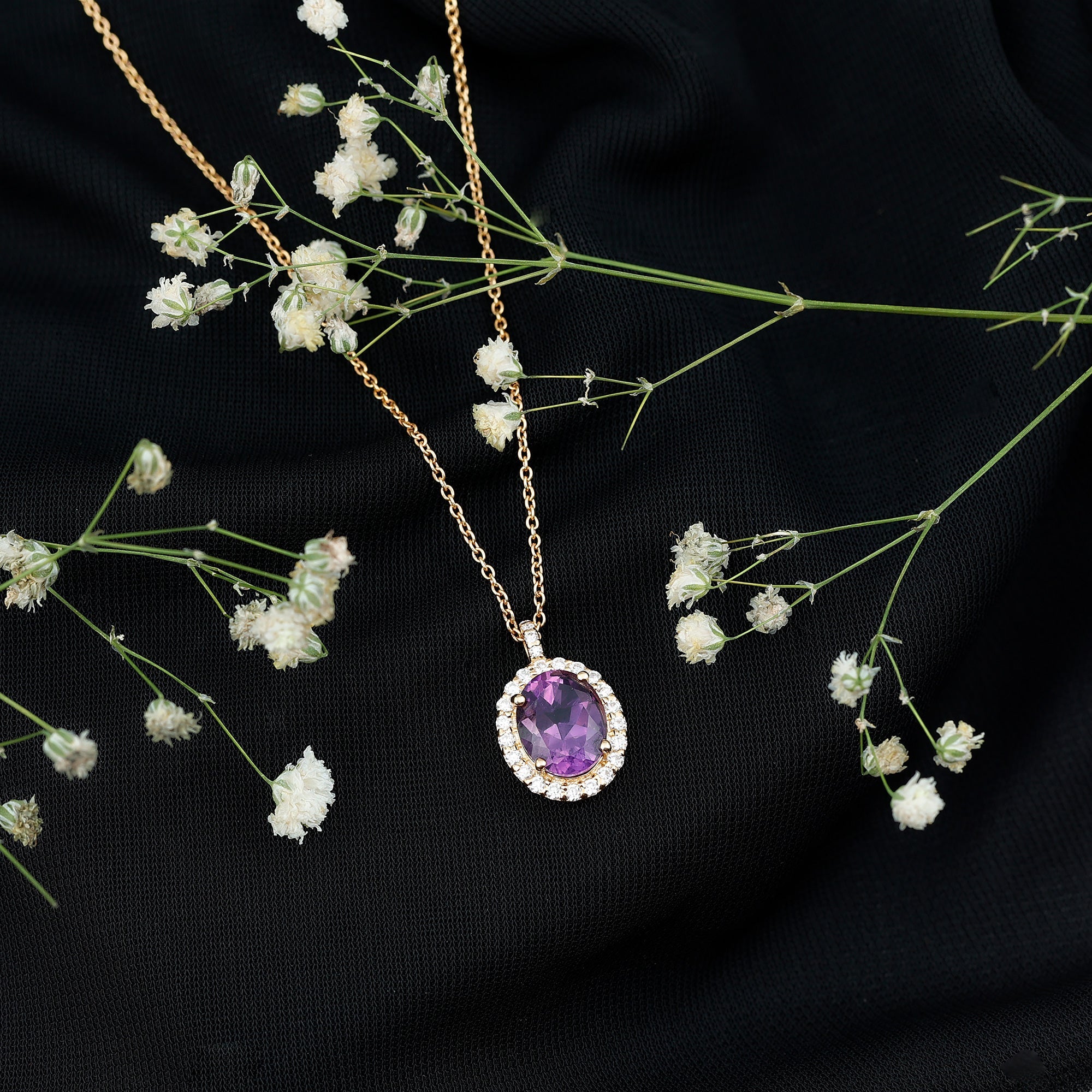 Certified 8X10MM Amethyst Oval Necklace with Moissanite Halo