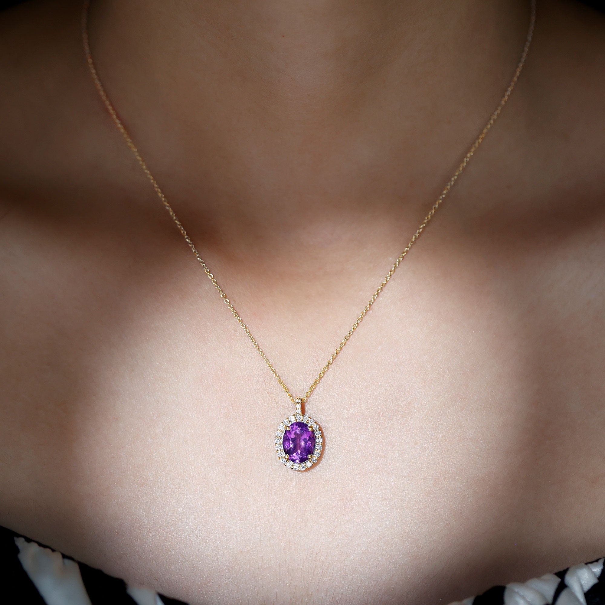 Certified 8X10MM Amethyst Oval Necklace with Moissanite Halo