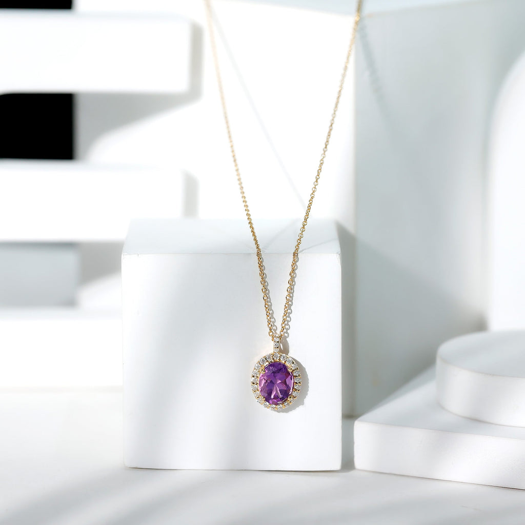 Certified 8X10MM Amethyst Oval Necklace with Moissanite Halo