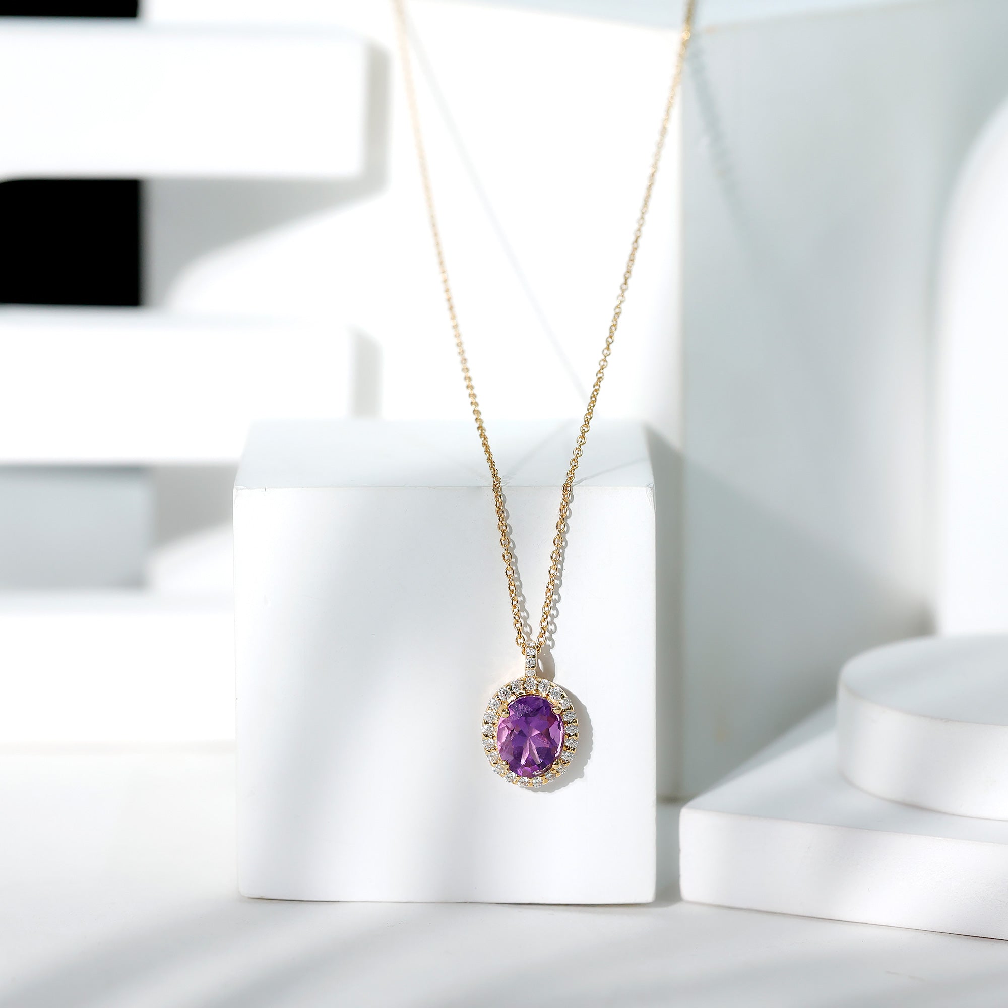 Certified 8X10MM Amethyst Oval Necklace with Moissanite Halo