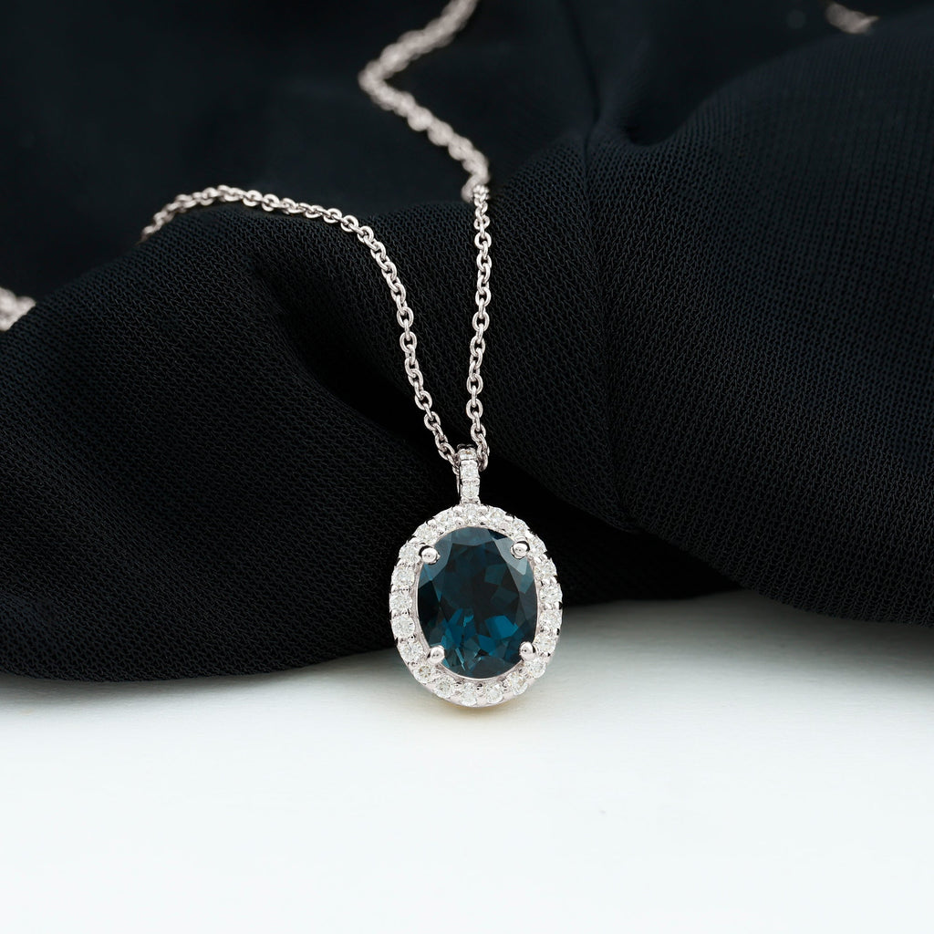 Genuine 2.5 Carat Oval Cut London Blue Topaz and Diamond Necklace