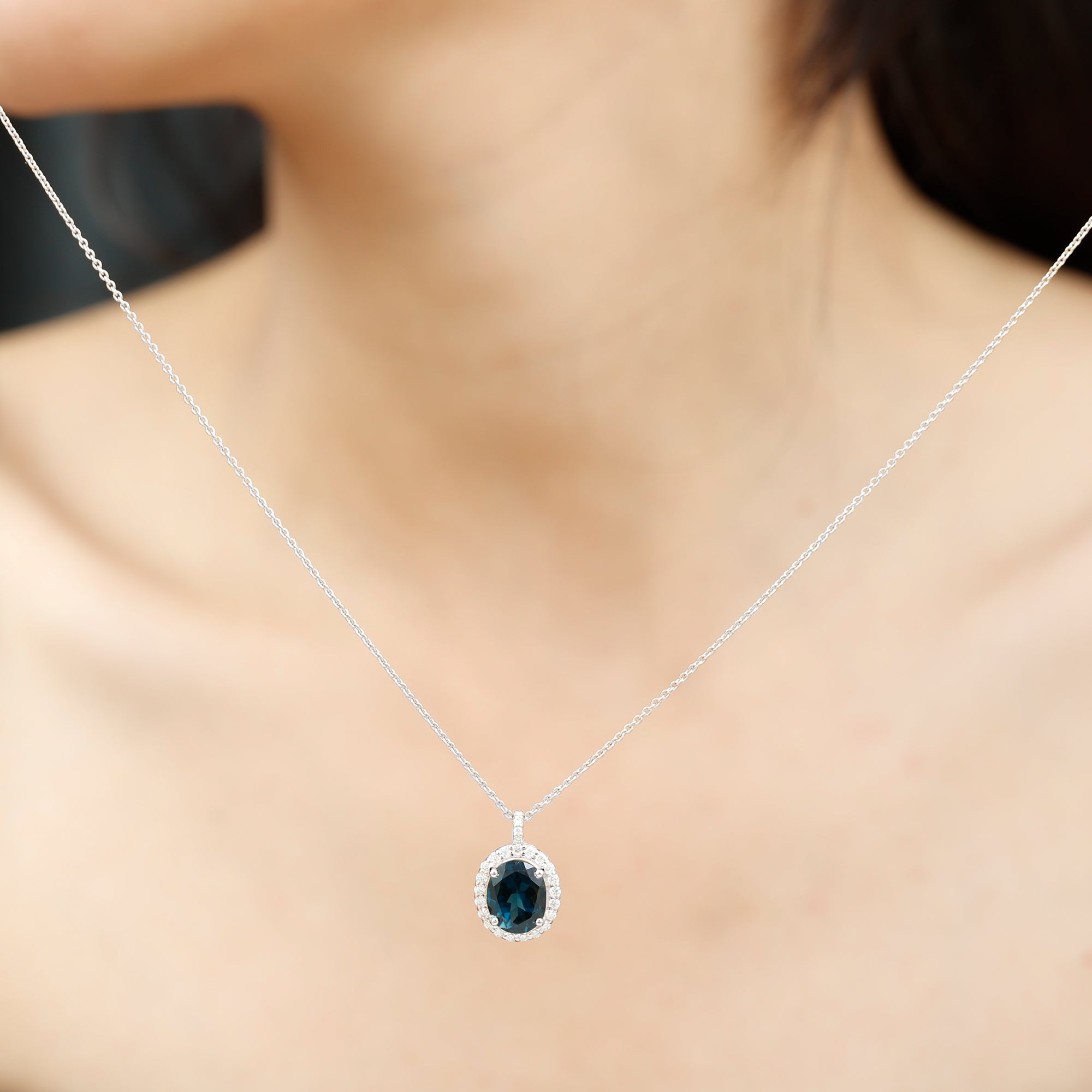 Genuine 2.5 Carat Oval Cut London Blue Topaz and Diamond Necklace