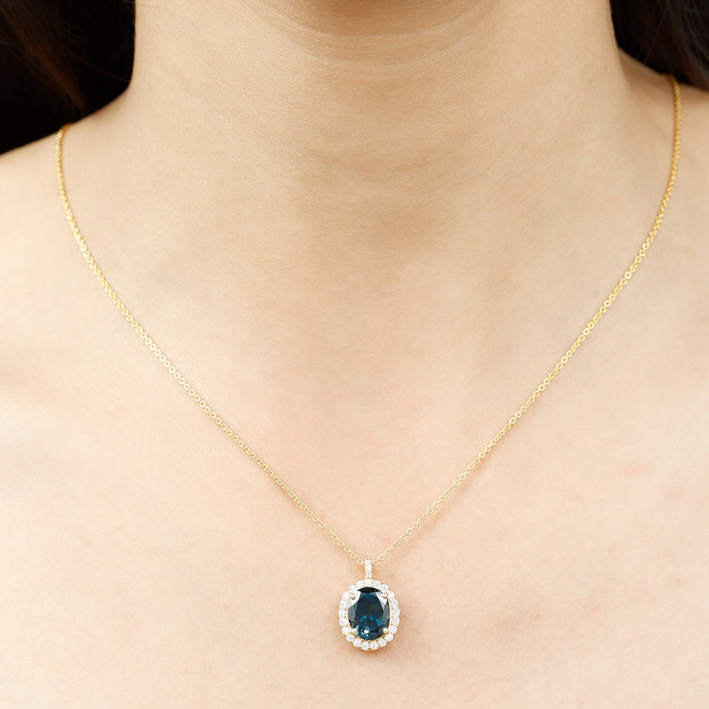 Genuine 2.5 Carat Oval Cut London Blue Topaz and Diamond Necklace