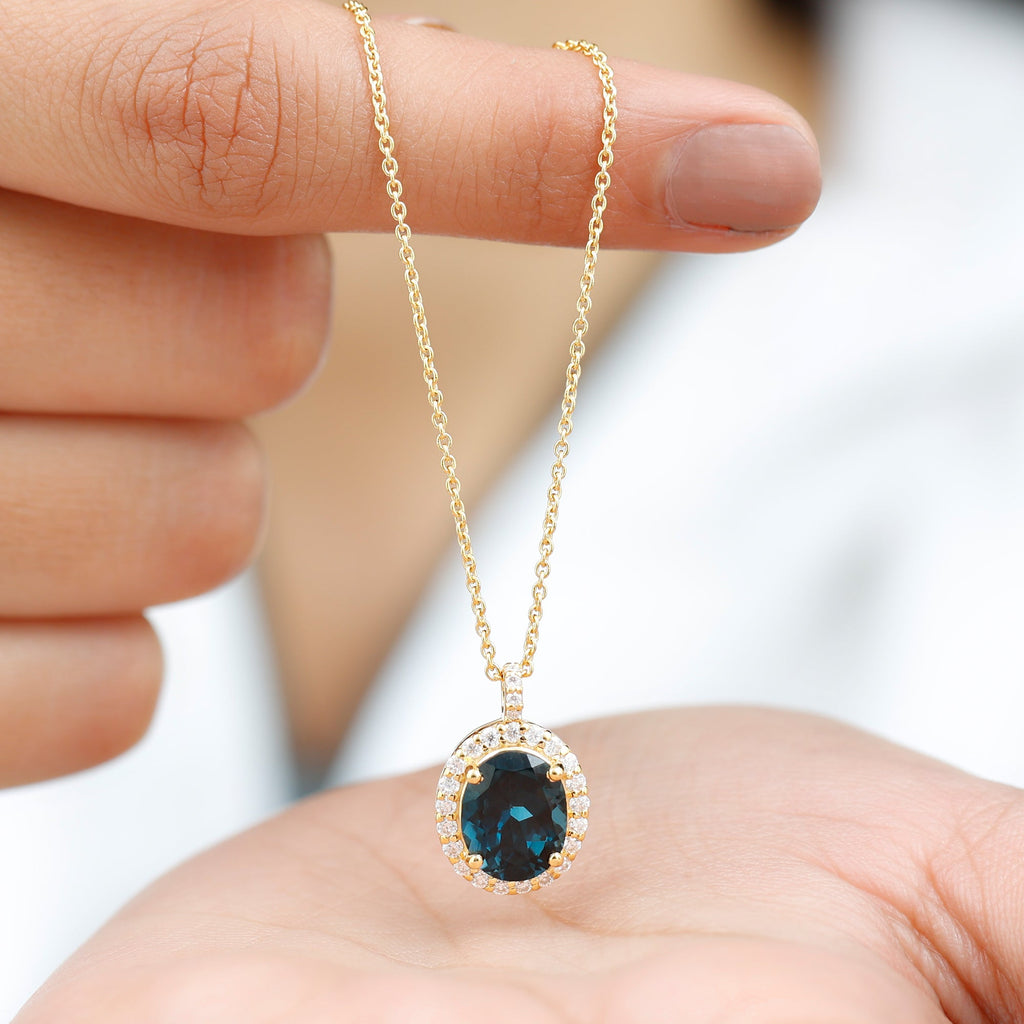 Genuine 2.5 Carat Oval Cut London Blue Topaz and Diamond Necklace