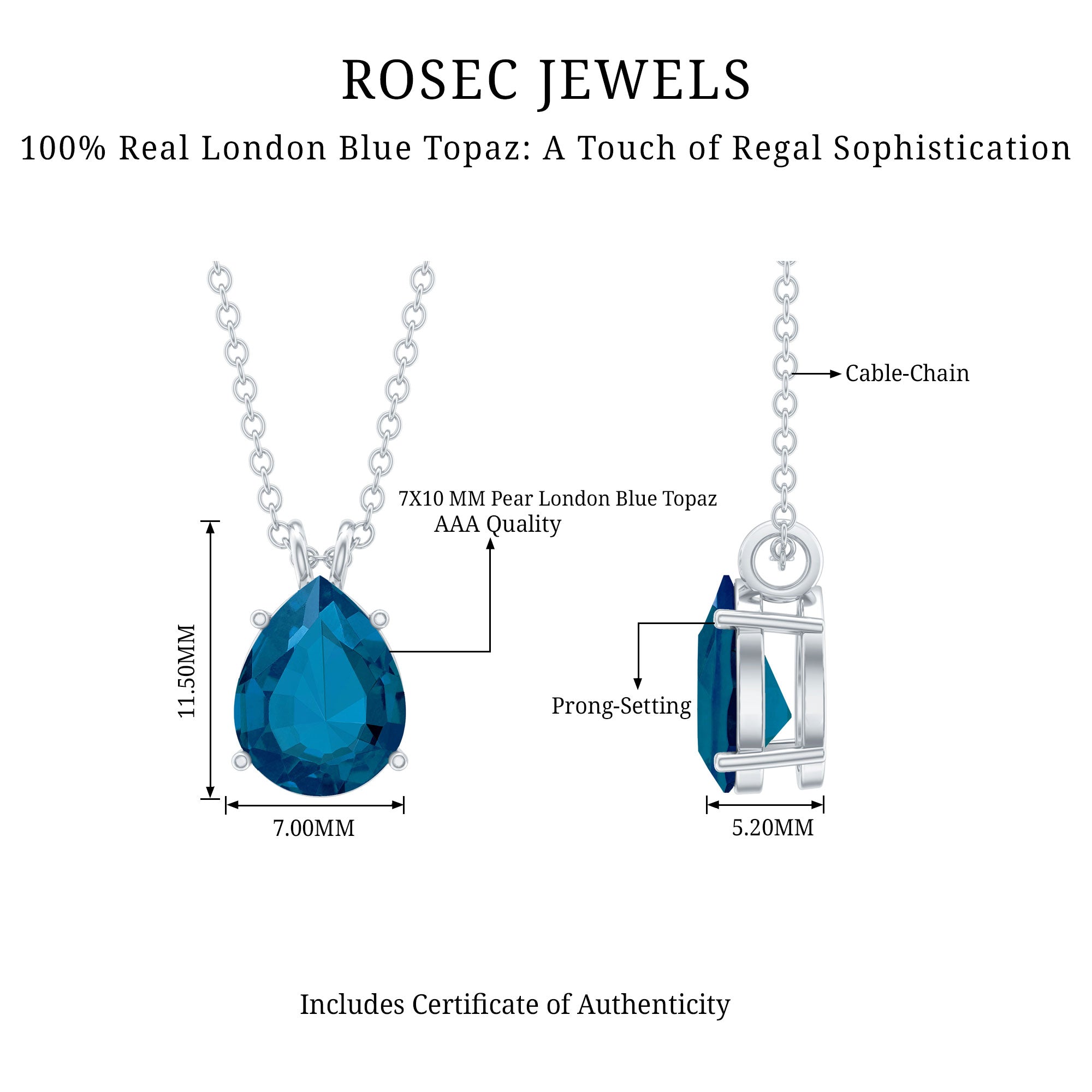 7X10MM London Blue Topaz Solitaire Teardrop Necklace With Chain