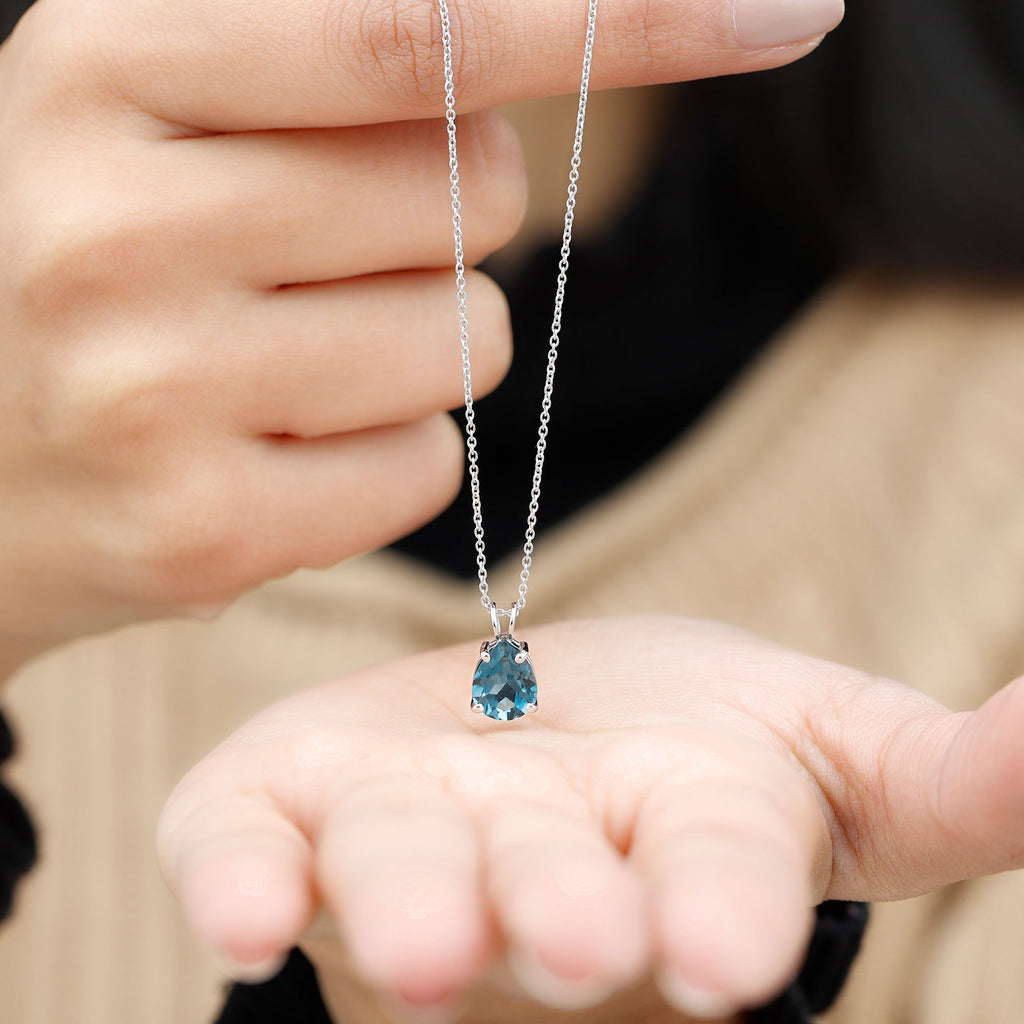 7X10MM London Blue Topaz Solitaire Teardrop Necklace With Chain