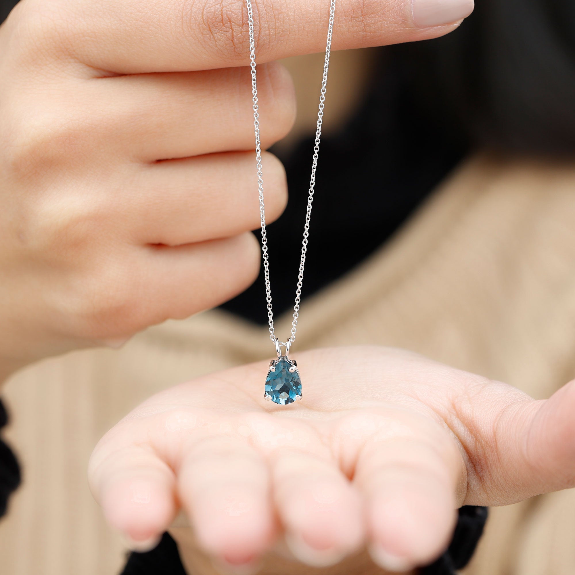 7X10MM London Blue Topaz Solitaire Teardrop Necklace With Chain