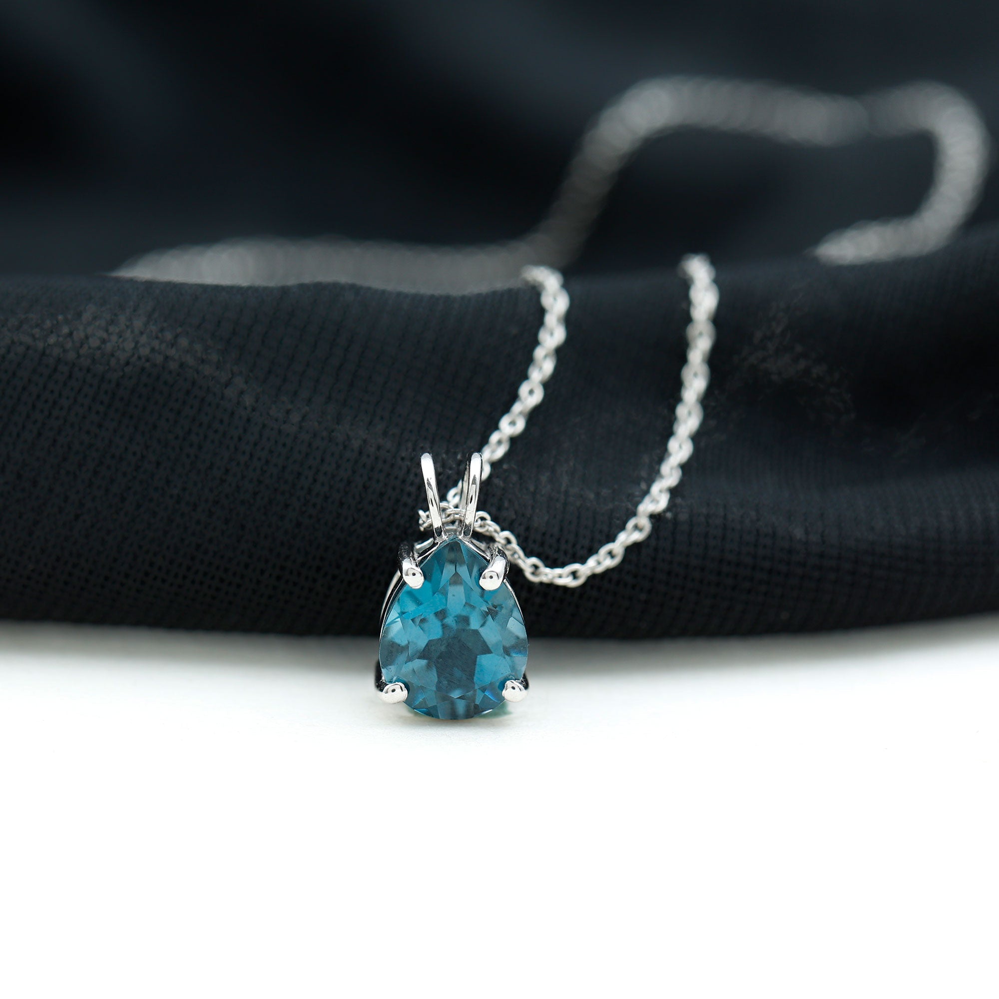 7X10MM London Blue Topaz Solitaire Teardrop Necklace With Chain