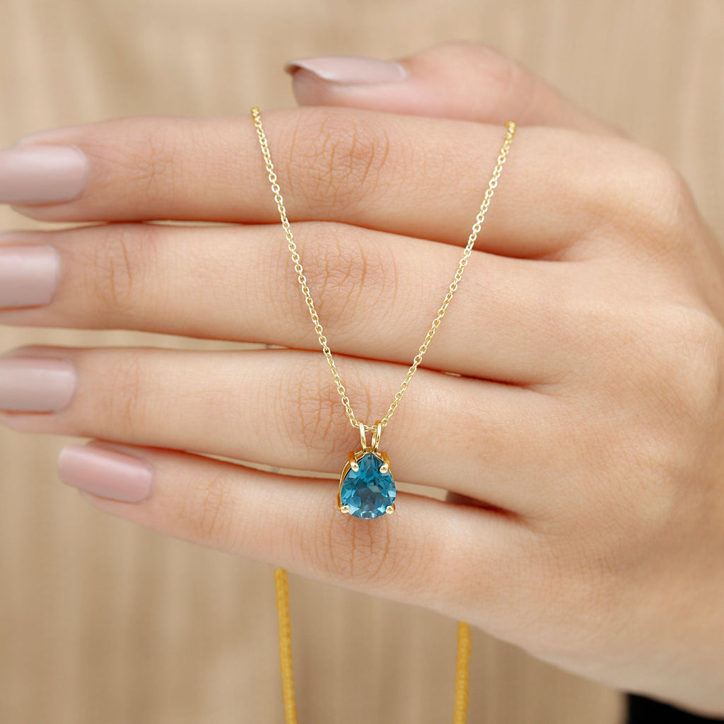 7X10MM London Blue Topaz Solitaire Teardrop Necklace With Chain