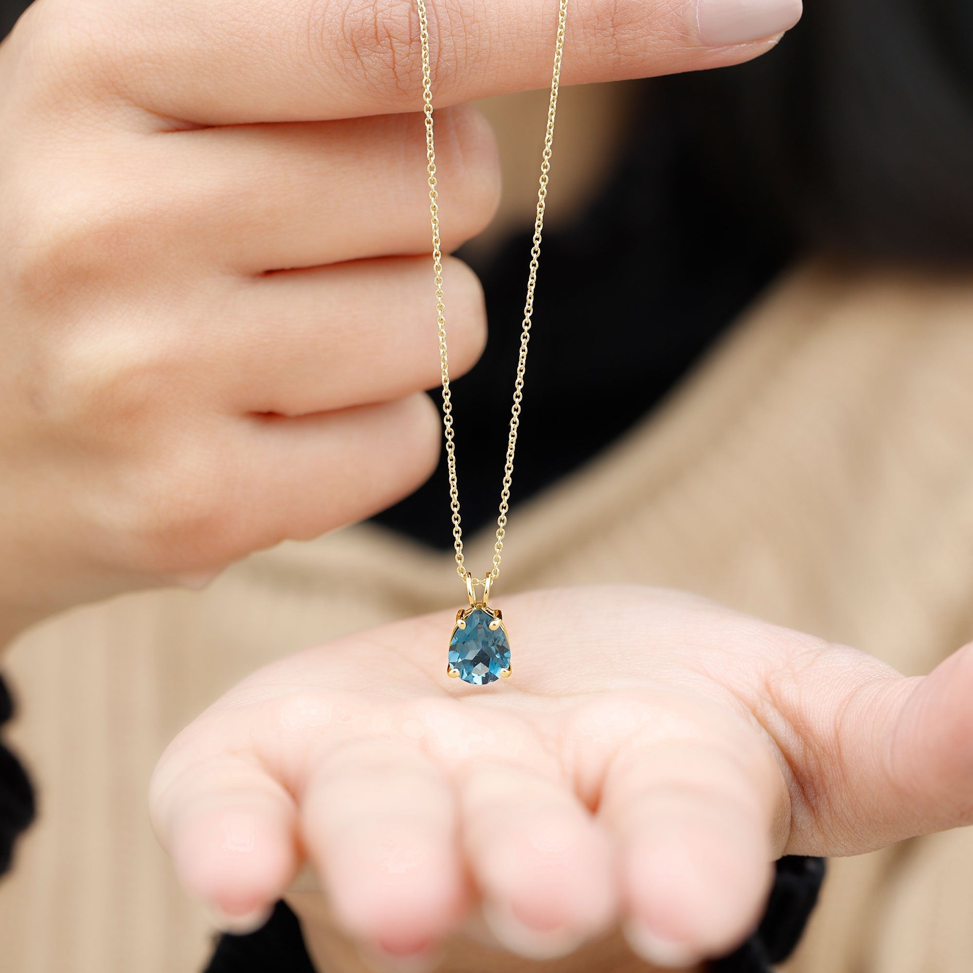 7X10MM London Blue Topaz Solitaire Teardrop Necklace With Chain