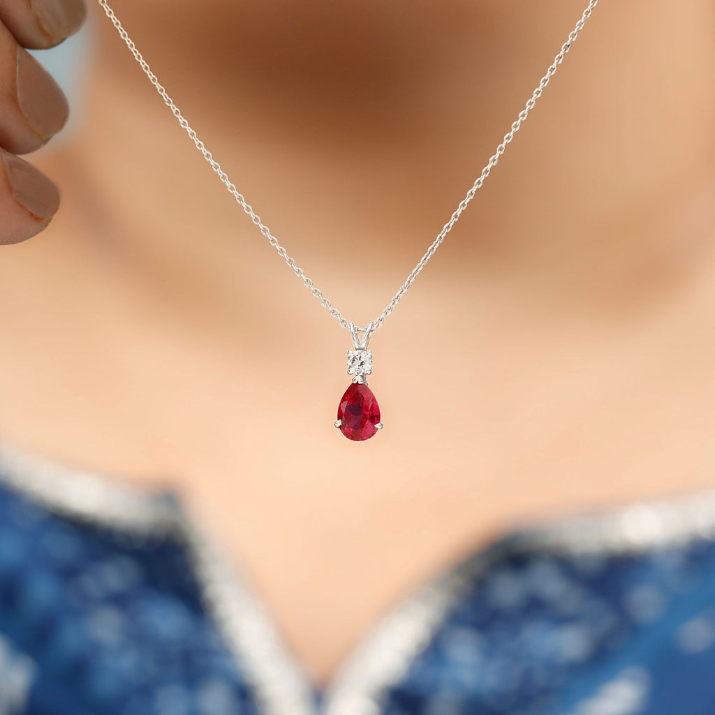 Pear Shape Lab Grown Ruby Teardrop Necklace with Chain