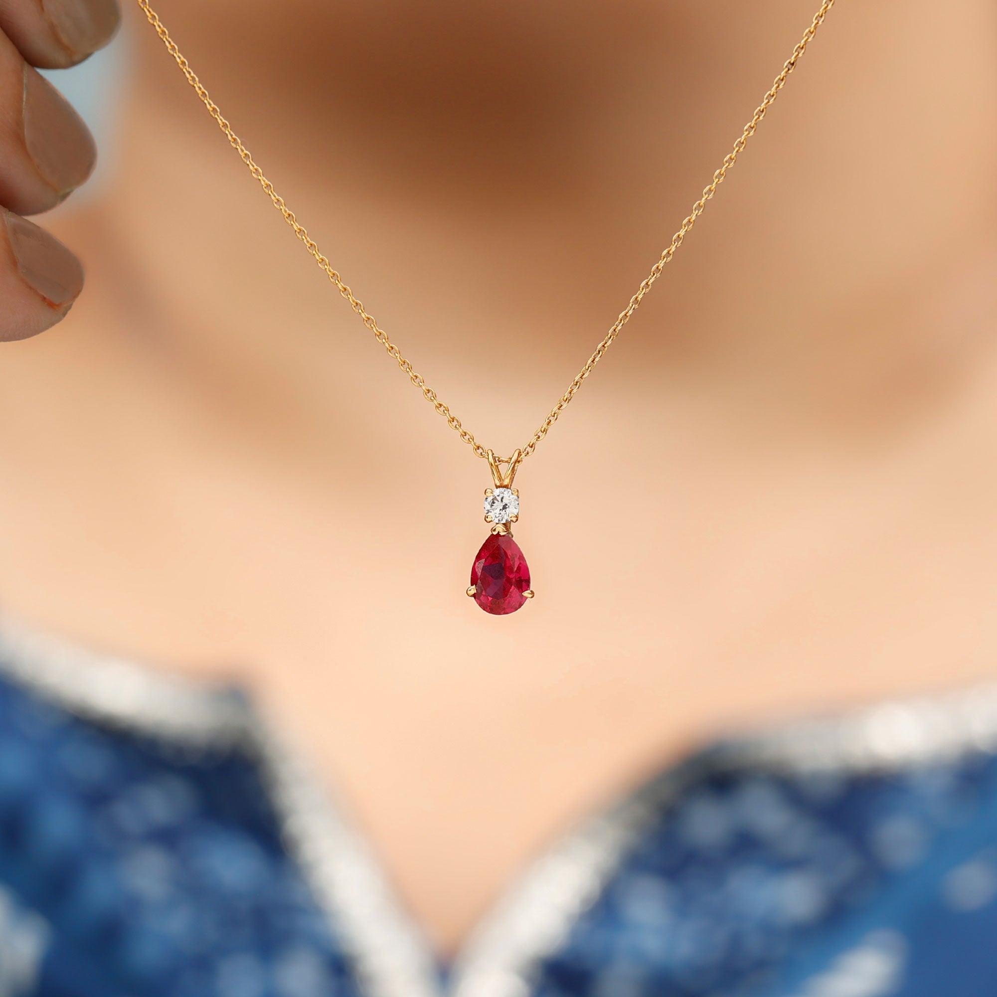 Pear Shape Lab Grown Ruby Teardrop Necklace with Chain