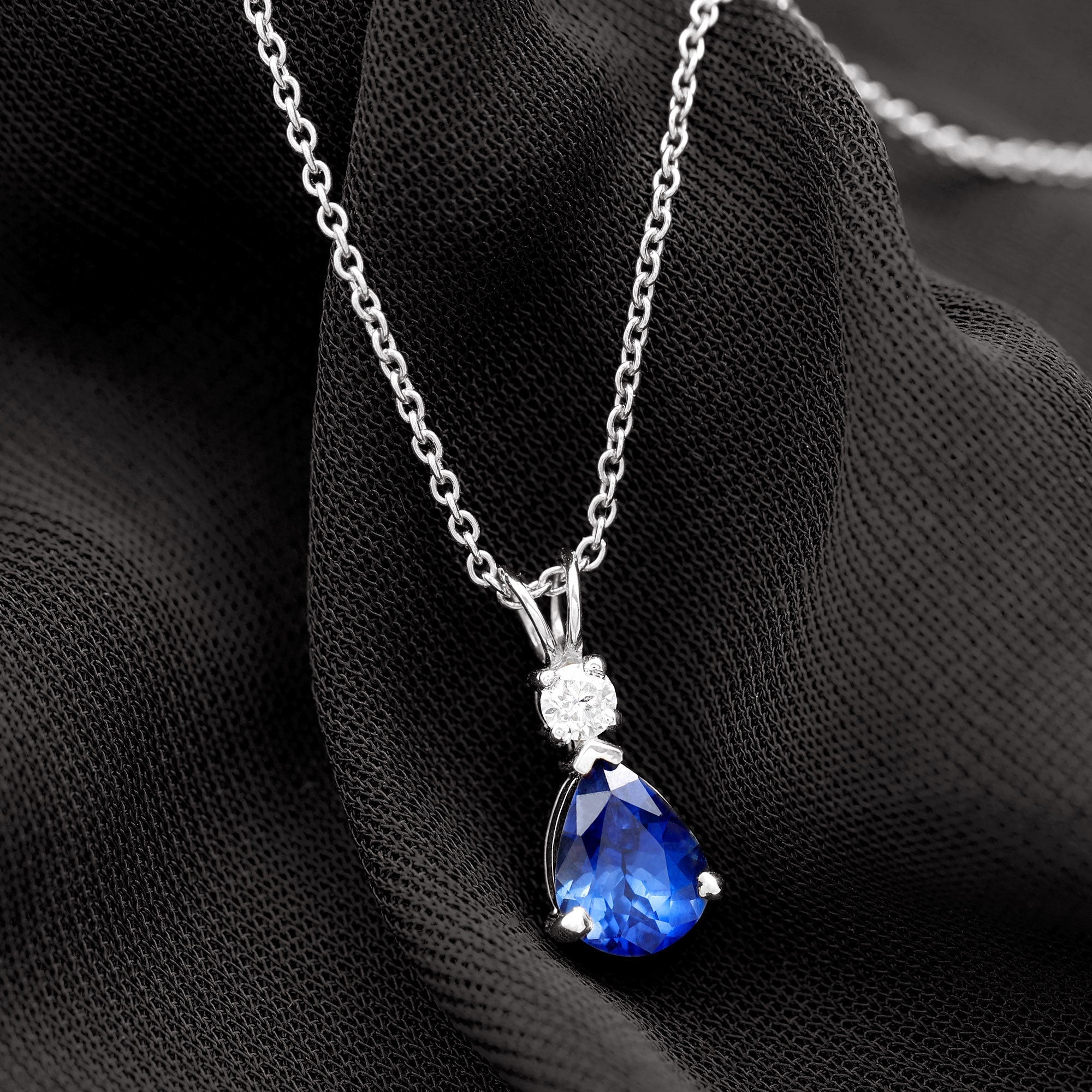 Lab Created Blue Sapphire Teardrop Necklace with Moissanite