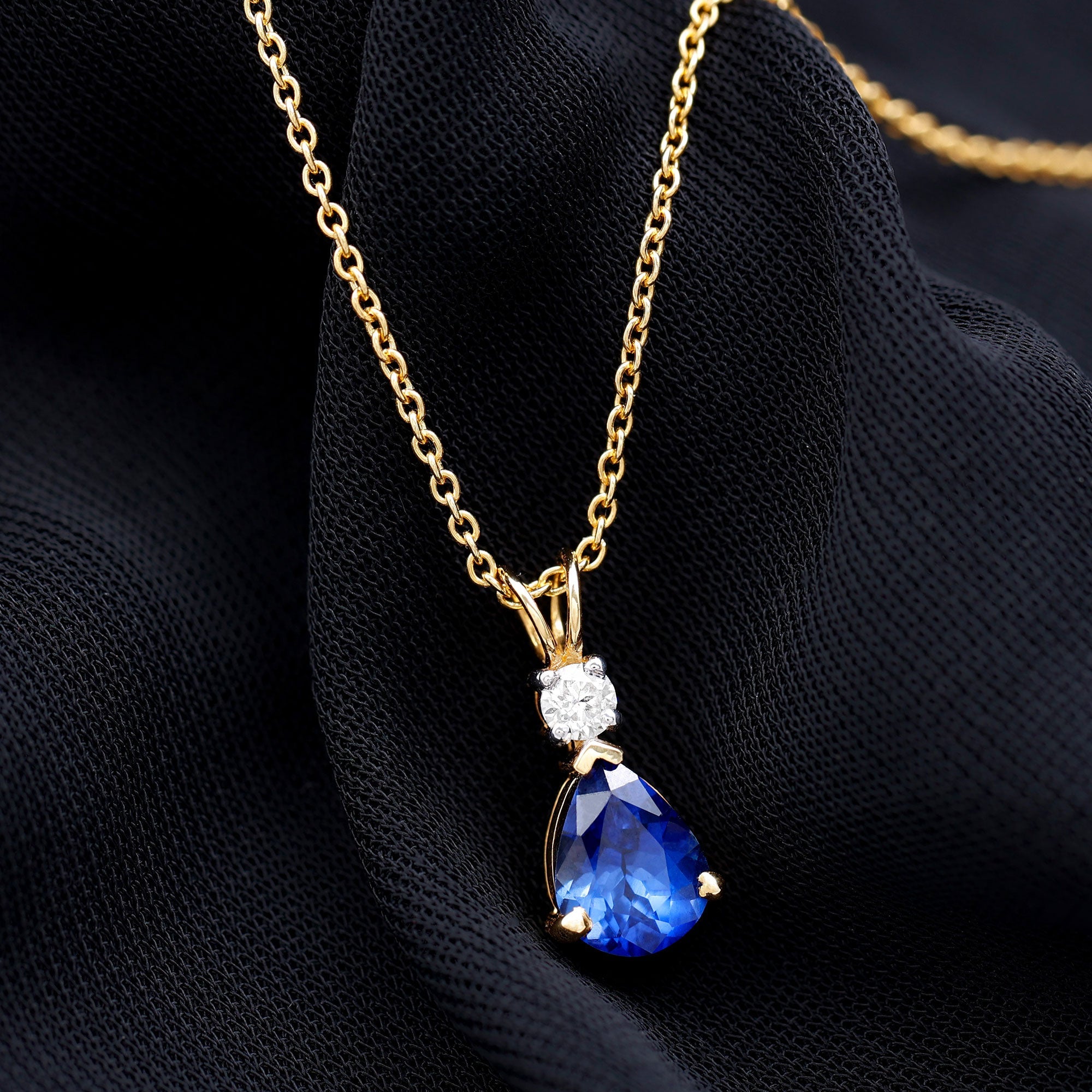 Lab Created Blue Sapphire Teardrop Necklace with Moissanite