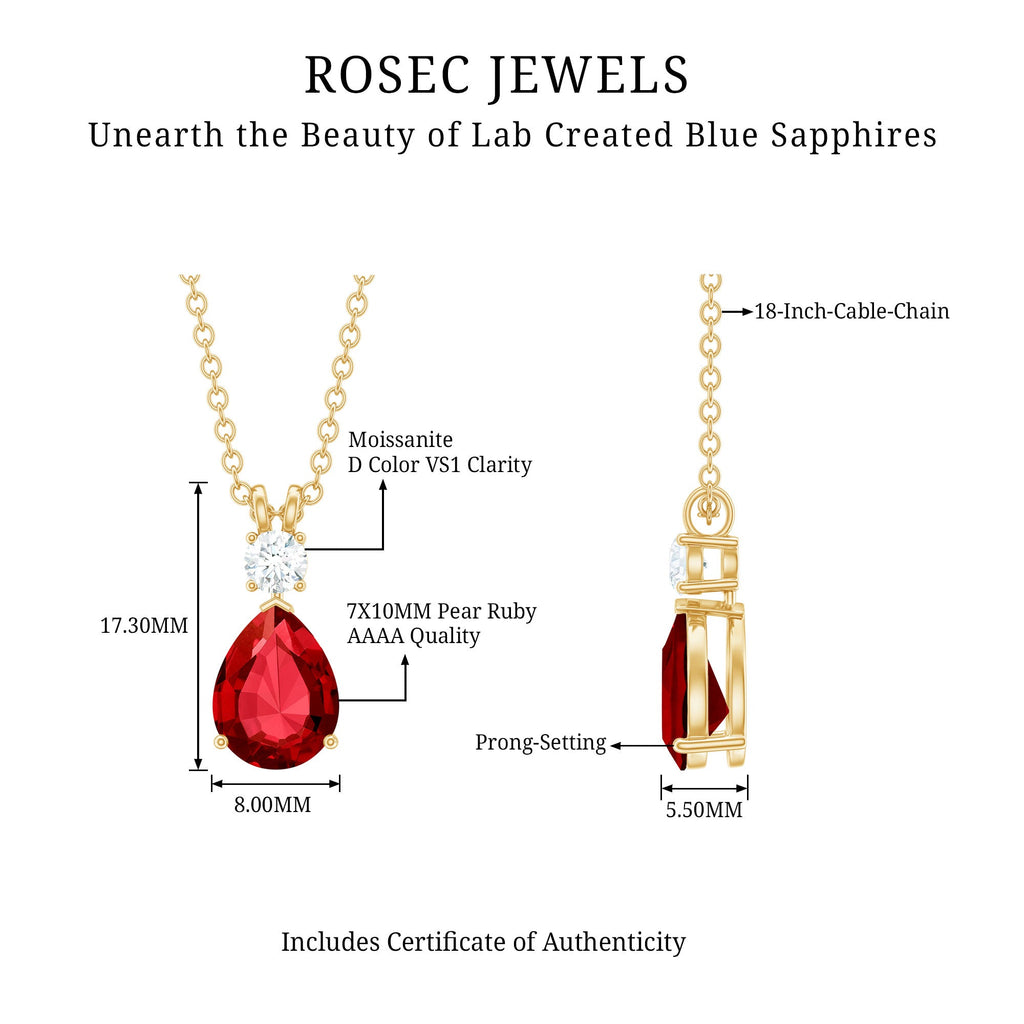 Classic Created Ruby Teardrop Pendant with Moissanite