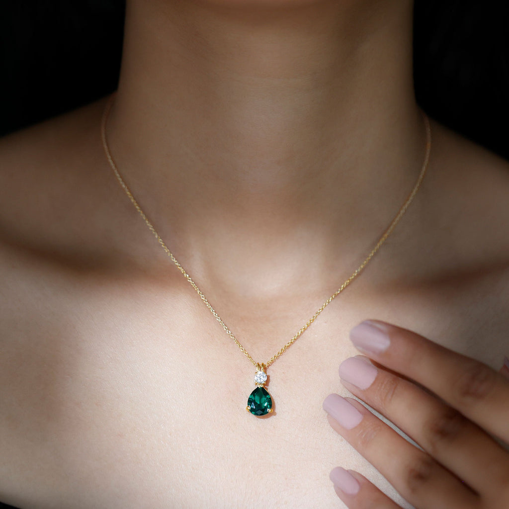 Lab Grown Emerald Teardrop Pendant with Moissanite
