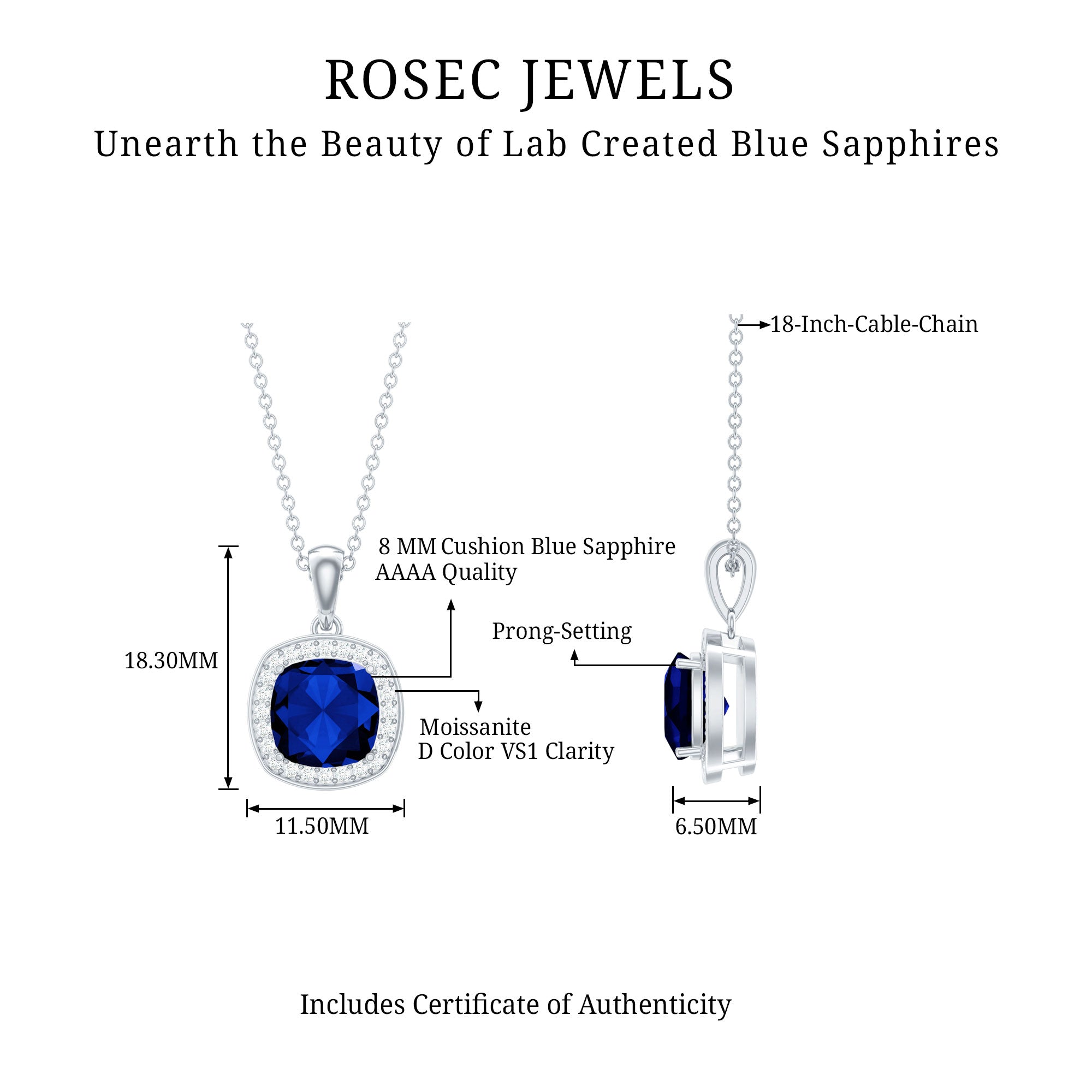 Cushion Cut Lab Created Blue Sapphire Halo Pendant With Moissanite