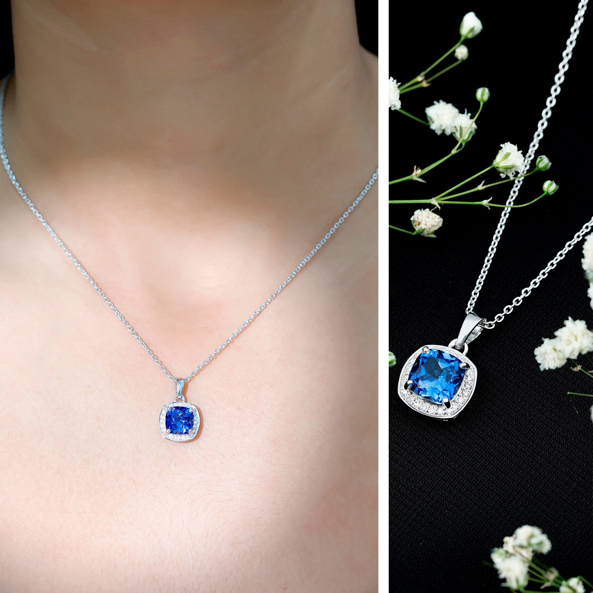 Cushion Cut Lab Created Blue Sapphire Halo Pendant With Moissanite